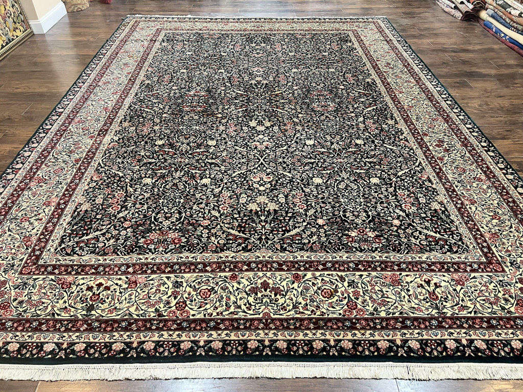 Large Sino Persian Rug 10x14, Wool Hand Knotted Vintage Carpet, Dark Green & Beige, Kirman Floral Rug, Fine Weave, Traditional, Large