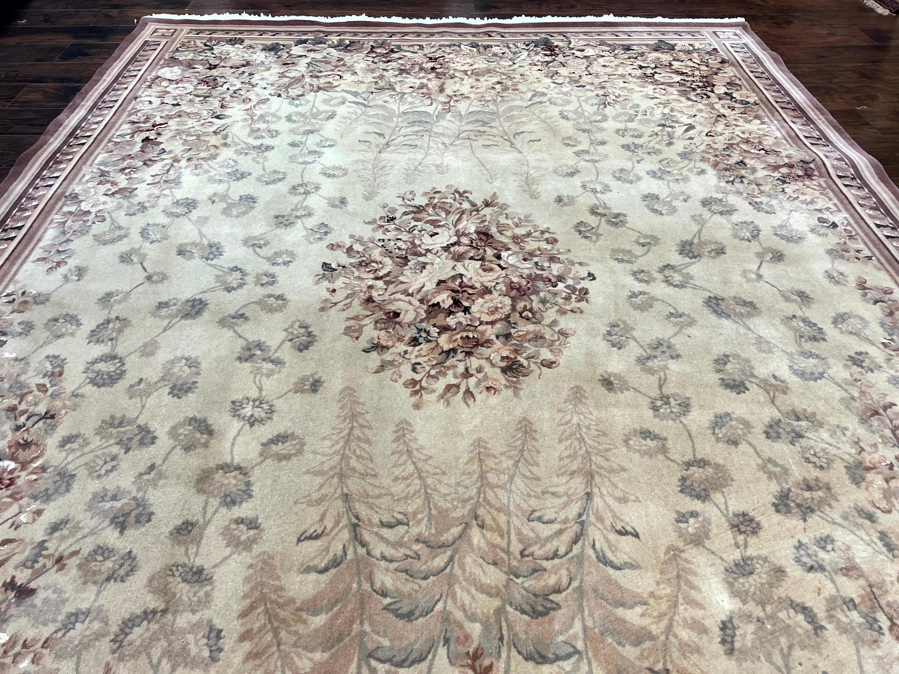Aubusson Wool Rug 9x11, Wool with Silk Highlights, European Design, Vintage, Handmade, Floral, Fine 210 KPSI