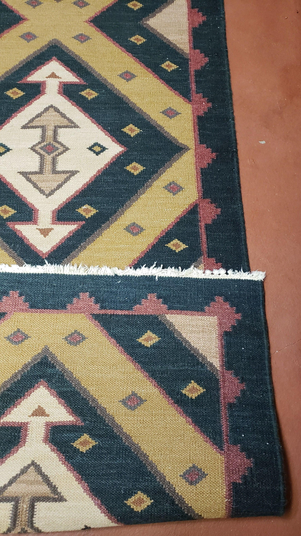 Vintage Indian Kilim Runner Rug, Geometric Flatweave Hand-Knotted Wool Kitchen Hallway Runner, Black Gold & Beige, 2' 8" x 9' 9"