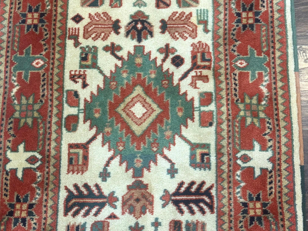 Turkish Runner Rug 2.4 x 8, Kazak Geometric Heriz Pattern, Beige Red