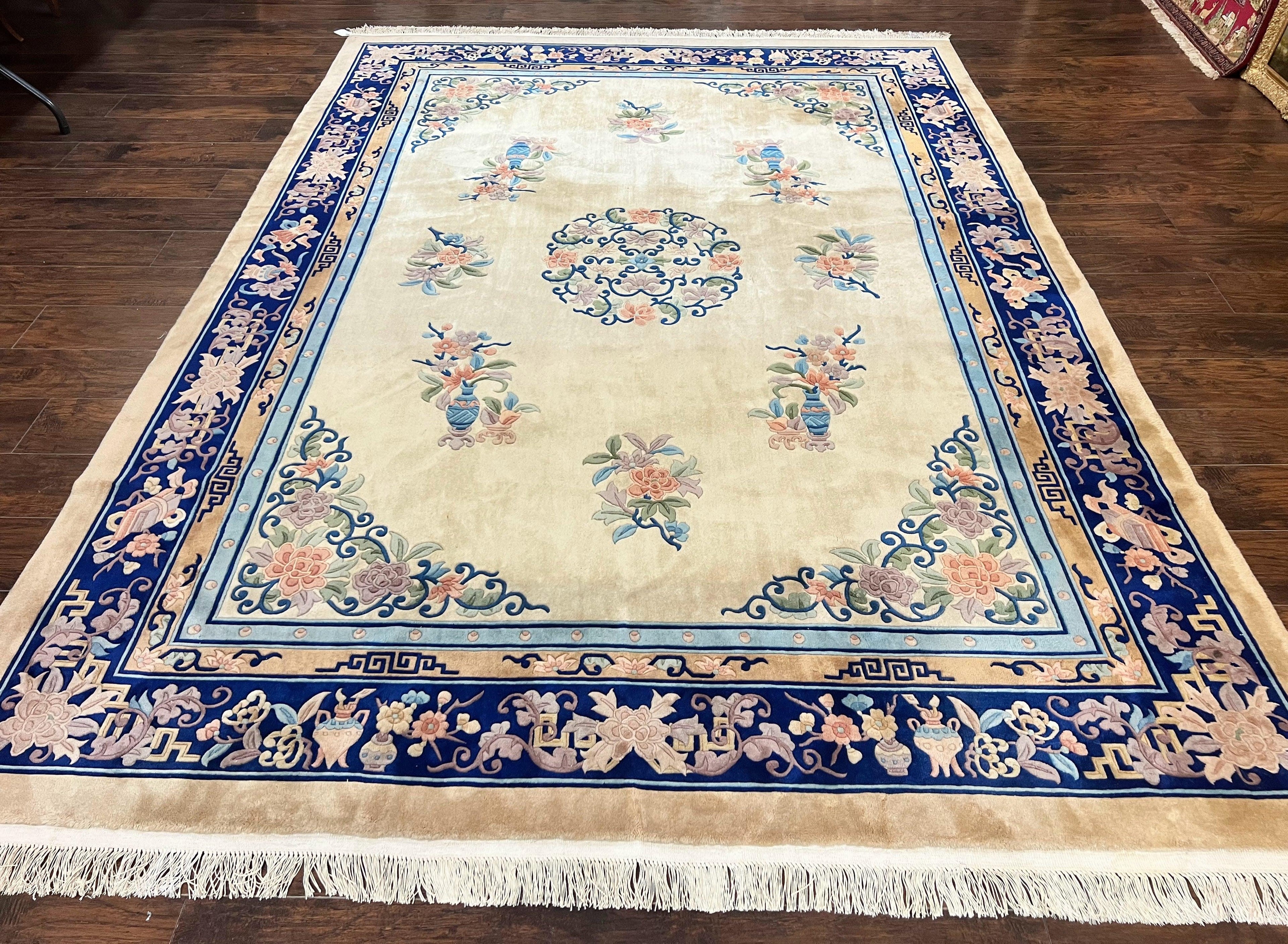 Chinese Wool Rug 8x11, Peking Asian Oriental Carpet, Cream/Ivory and Blue, Vintage Handmade Rug, Art Deco Rug