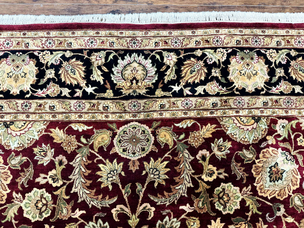 Indian Agra Rug 10x14, Traditional Oriental Carpet, Room Sized Wool Area Rug, Floral, Maroon