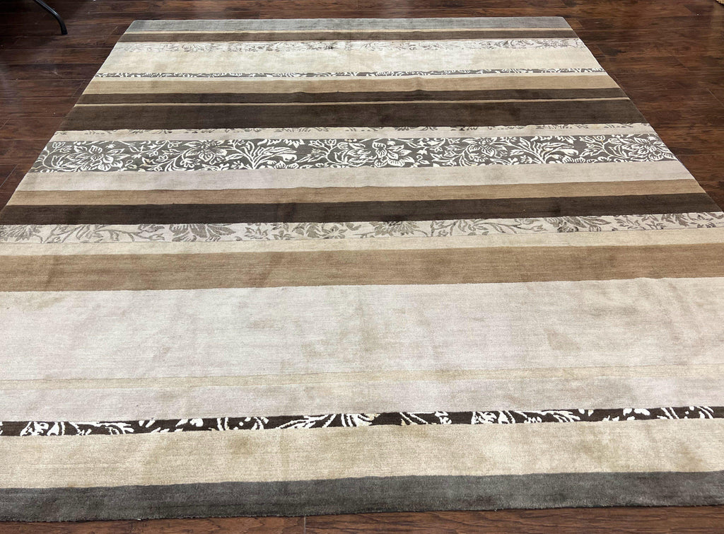 Modern Tibetan Nepali Rug 8x12, Stripe Pattern, Wool with Silk Highlights, Handmade, Beige Tan Brown