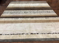 Modern Tibetan Nepali Rug 8x12, Stripe Pattern, Wool with Silk Highlights, Handmade, Beige Tan Brown