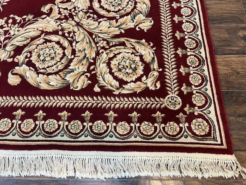 Aubusson Rug 9x12, Wool Handmade Carpet, Elegant French European Design, Dark Maroon Red, 9 x 12 Room Sized Rug, Finely Hand Knotted
