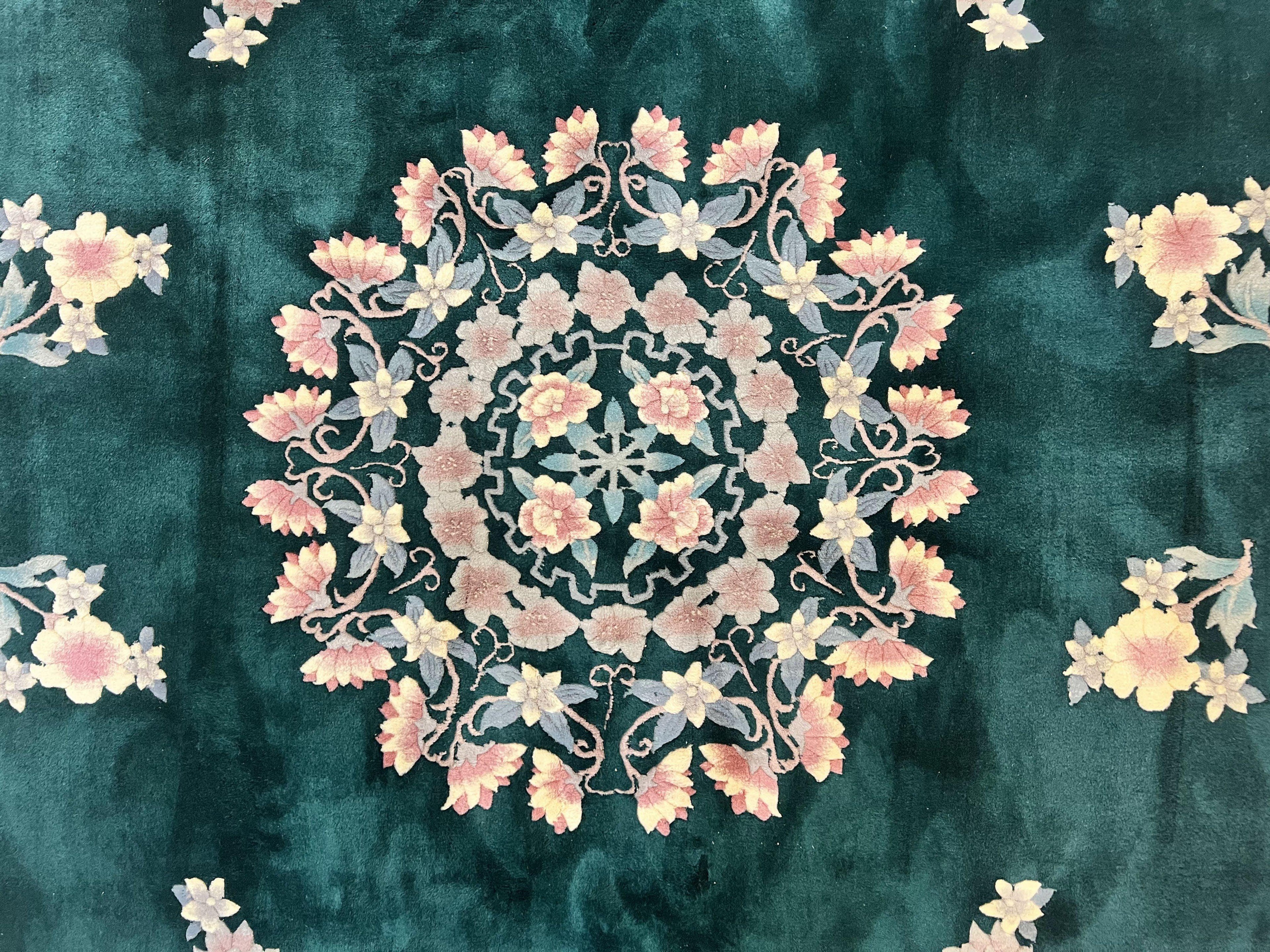 Chinese Art Deco Rug 9x12, Wool Hand Knotted Vintage Carpet, Dark Green & Cream, 90 Line Carving Rug