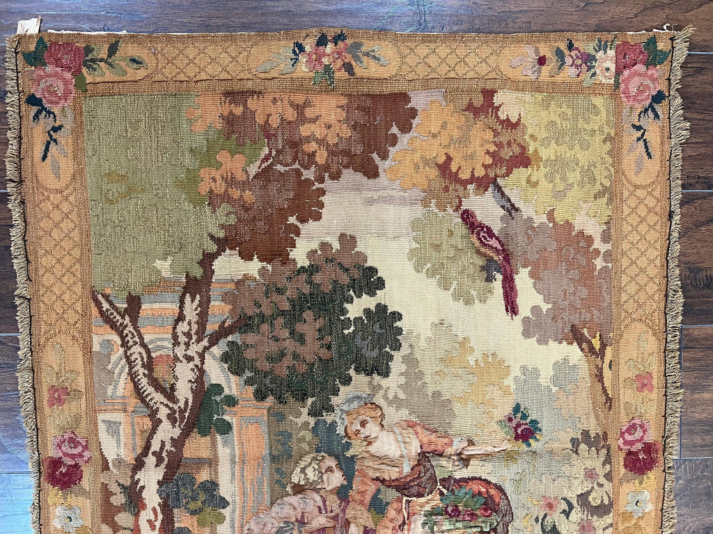 Antique Tapestry 3x4, European French Tapestry, Hand Loomed Victorian Tapestry, Vintage Wool Tapestry 3 x 4 ft