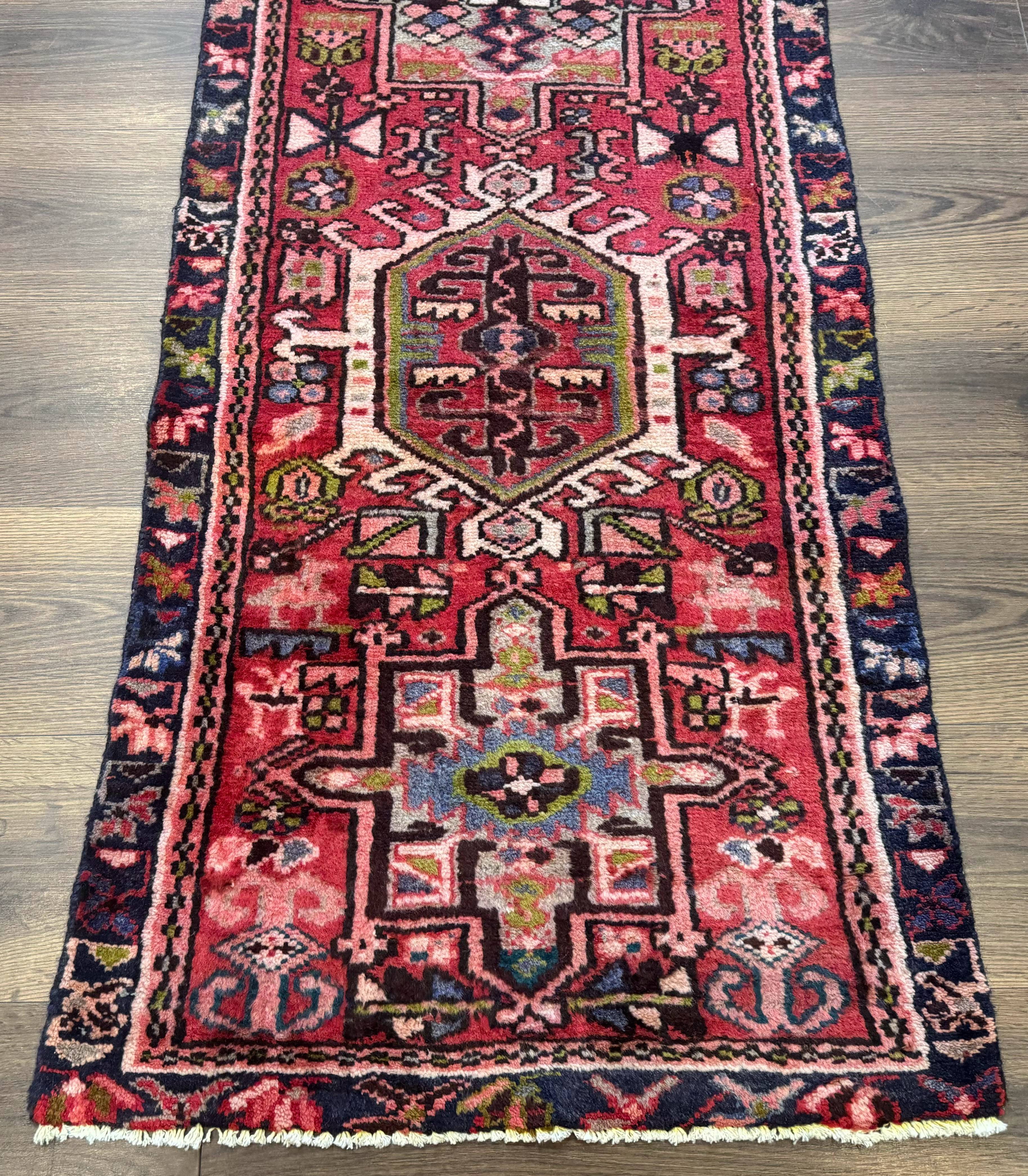 Persian Heriz Karajeh Runner Rug 2x9, Geometric Medallions, Red Navy Blue, 2 x 9 Rug for Hallway