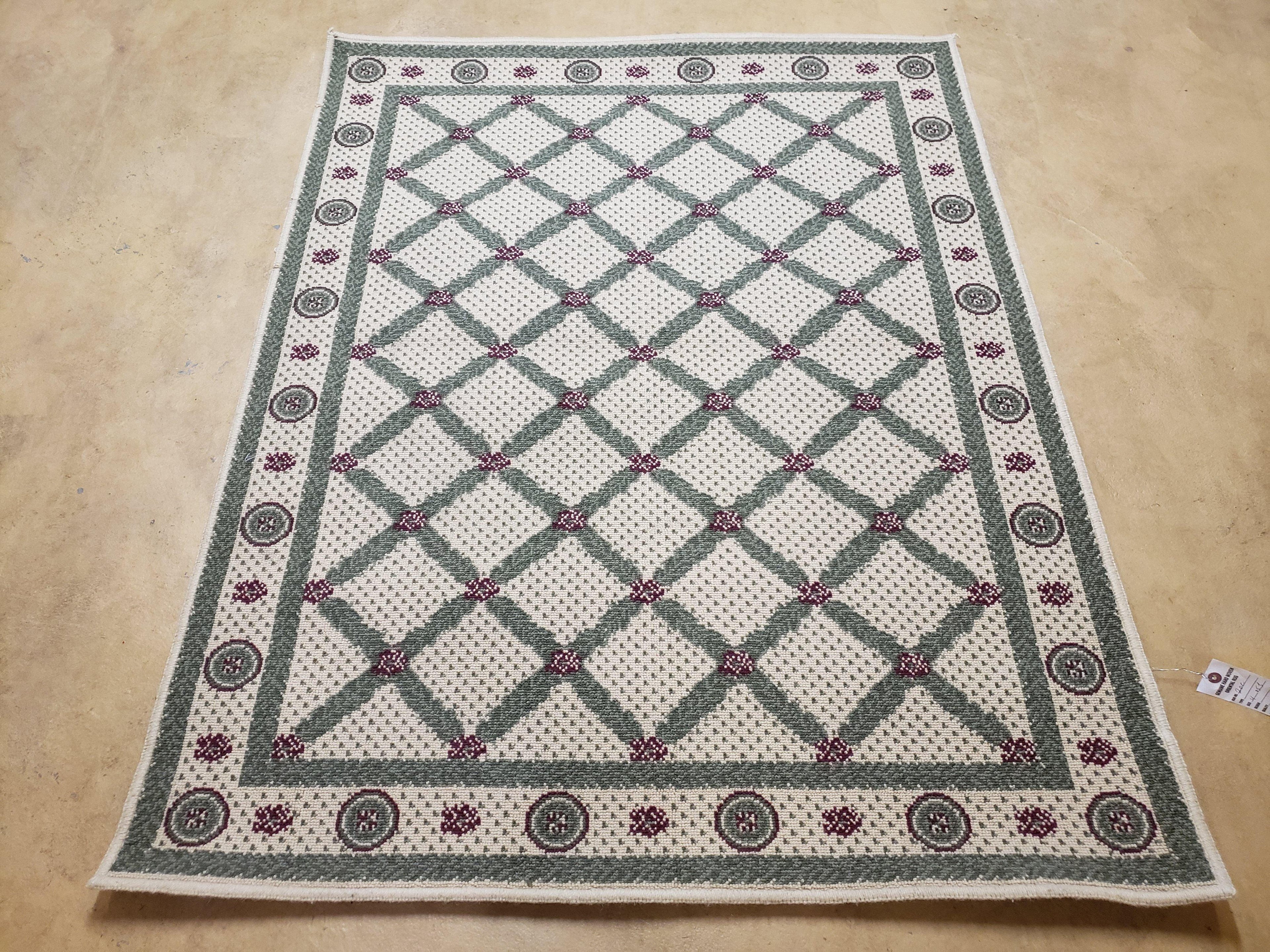 4x5 Panel Design Rug, 4' x 5' Power-Loomed Vintage Rug, Beige & Pine Green Carpet