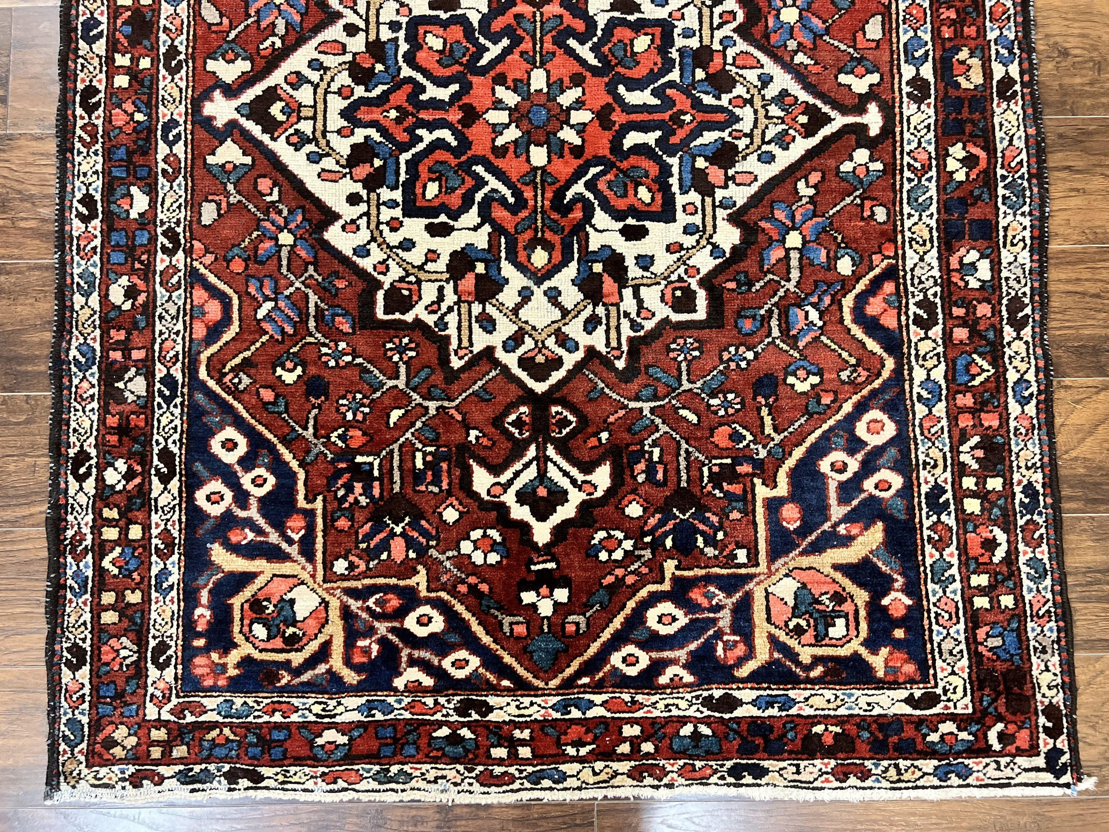 Persian Bakhtiari Rug 5 x 6.6, Tribal Geometric Carpet, Red Ivory, Handmade Wool Medium Sized Oriental Rug, Semi Antique Vintage