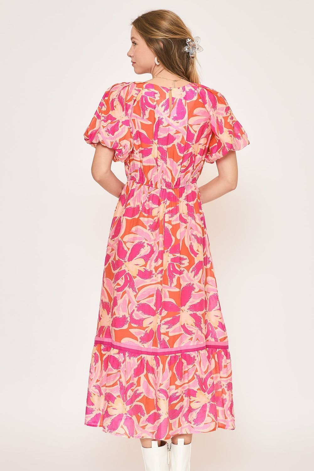 New Summer Floral Notched Puff Sleeve Midi Dress For Women – Fluttering, Elegant Floral Print Midi Dress with Trendy Notched Neckline and Puff Sleeves