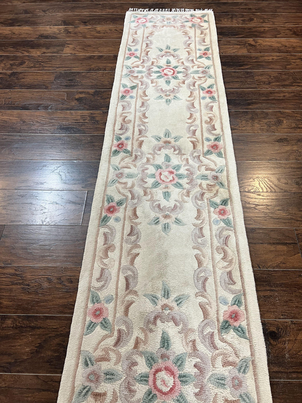 Chinese Aubusson Runner Rug 2.4 x 11, Hand Tufted Beige Floral European Design Hallway Rug, Elegant Rug, Vintage Wool Rug 11ft Long
