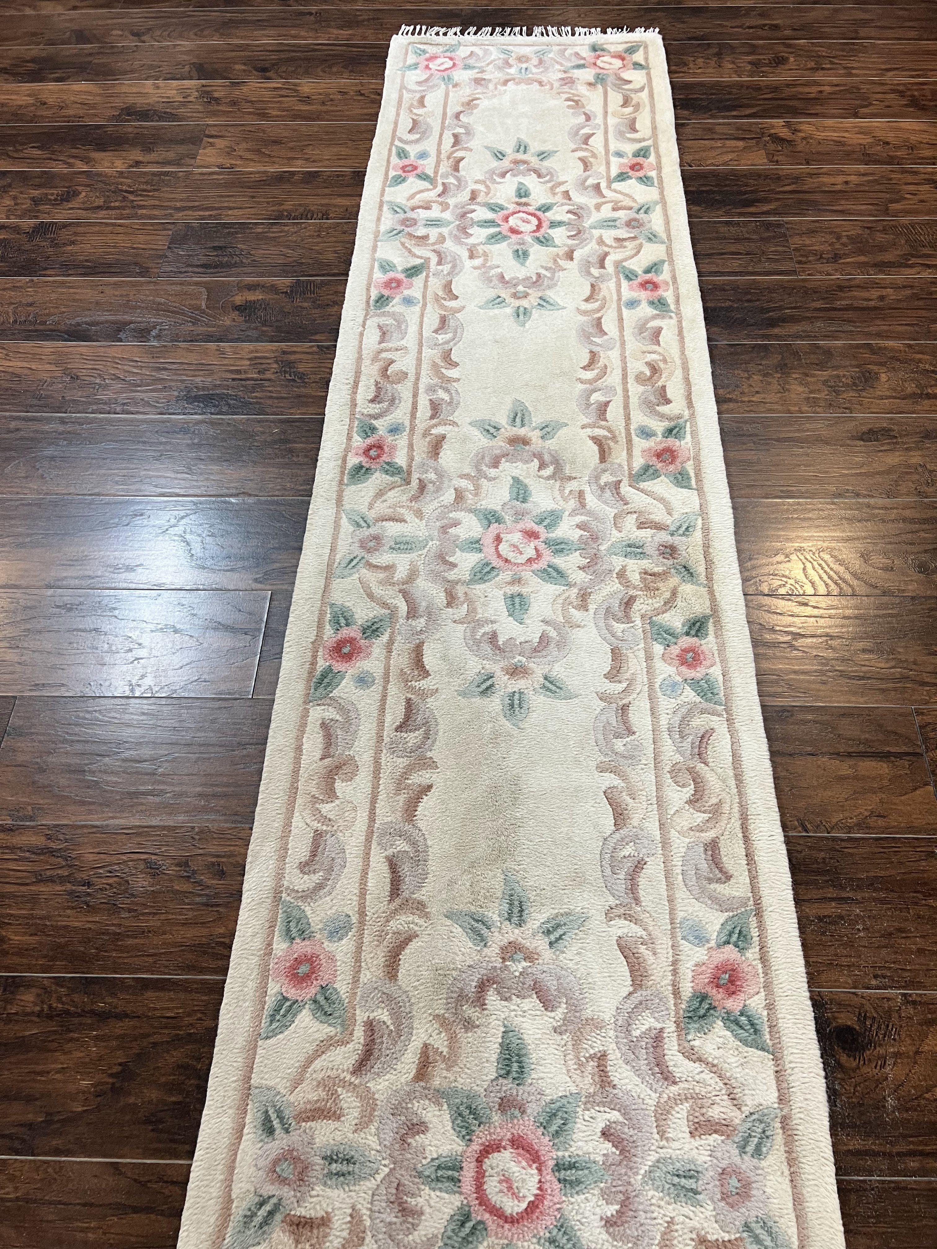 Chinese Aubusson Runner Rug 2.4 x 11, Hand Tufted Beige Floral European Design Hallway Rug, Elegant Rug, Vintage Wool Rug 11ft Long