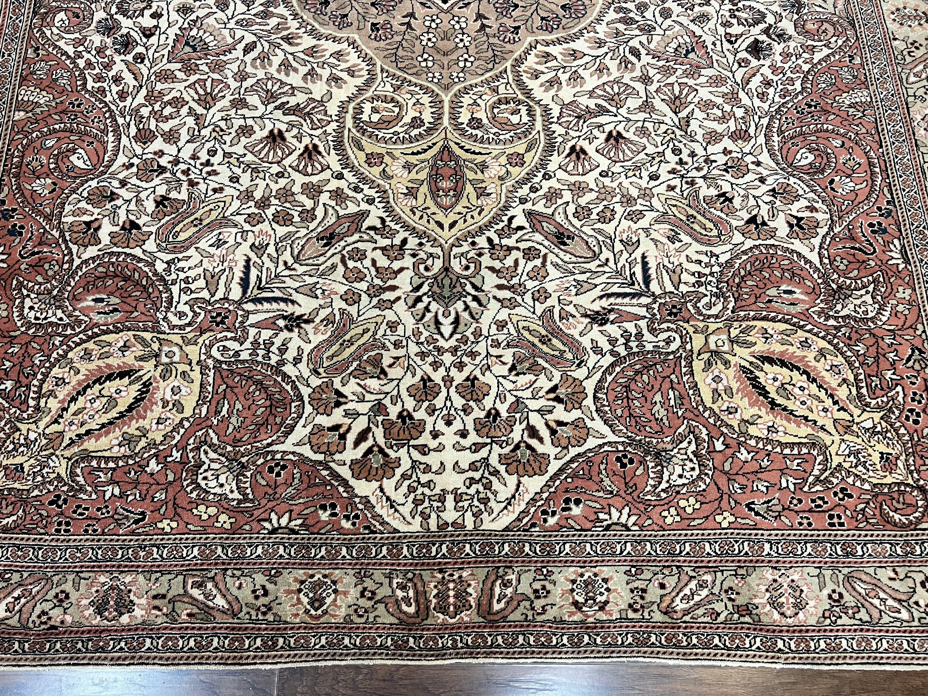 Turkish Sivas Rug 9x12, Handmade Vintage Wool Carpet, Cream Ivory