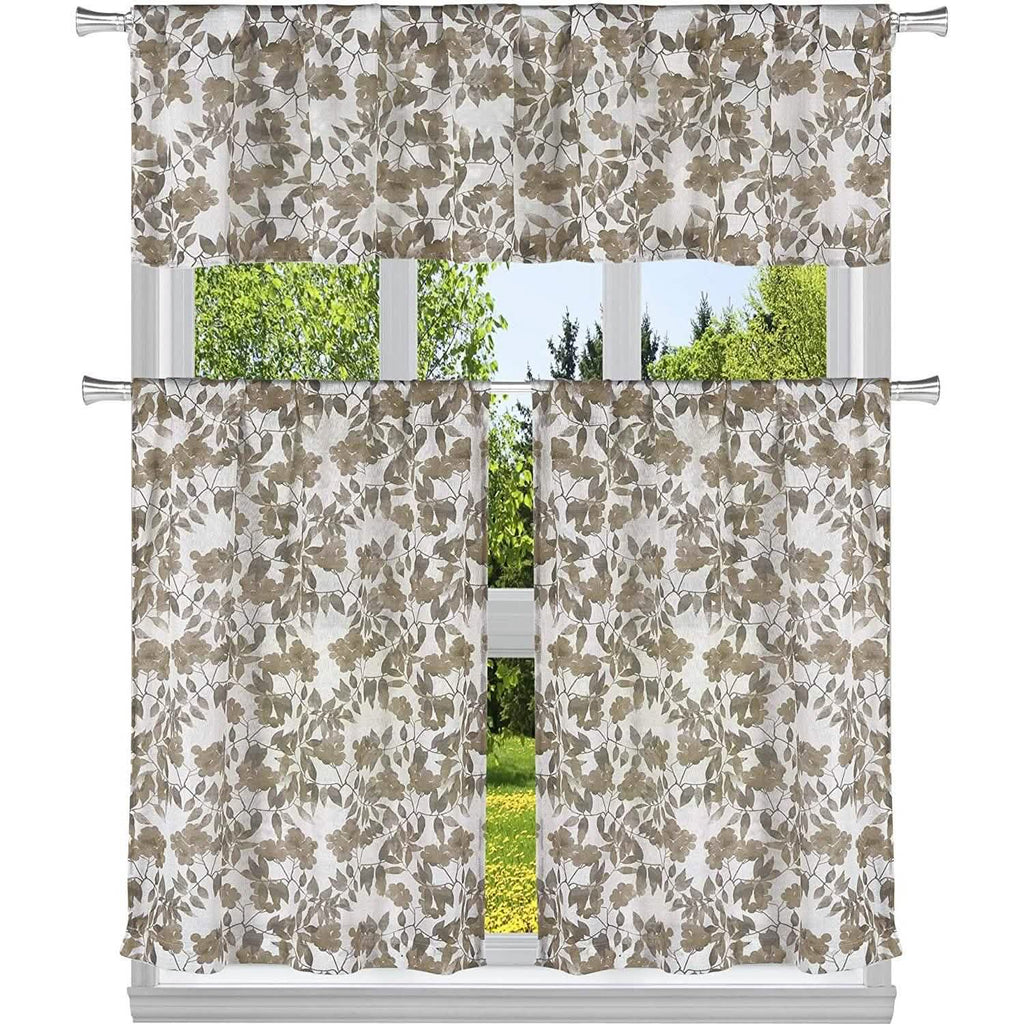 3-Piece: Chic Floral Pattern Semi-Sheer Kitchen Curtain Tier and Valance Set