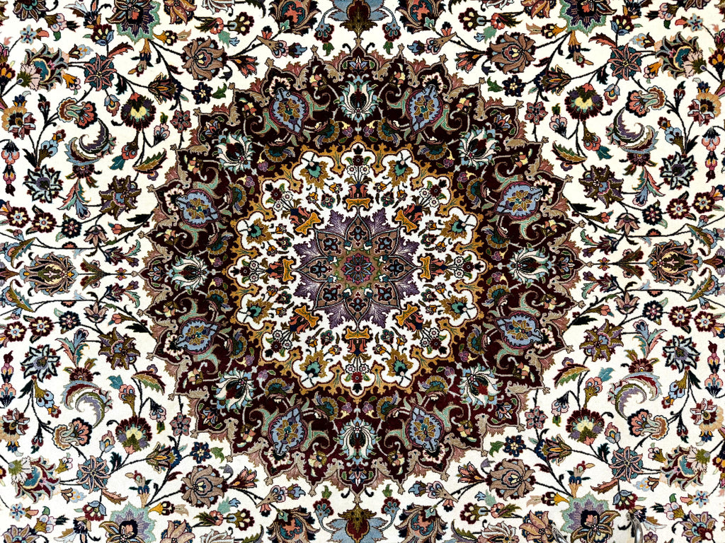 Persian Tabriz Rug 8x11, Floral Medallion Traditional Area Rug, Fine 300 KPSI, Ivory Maroon