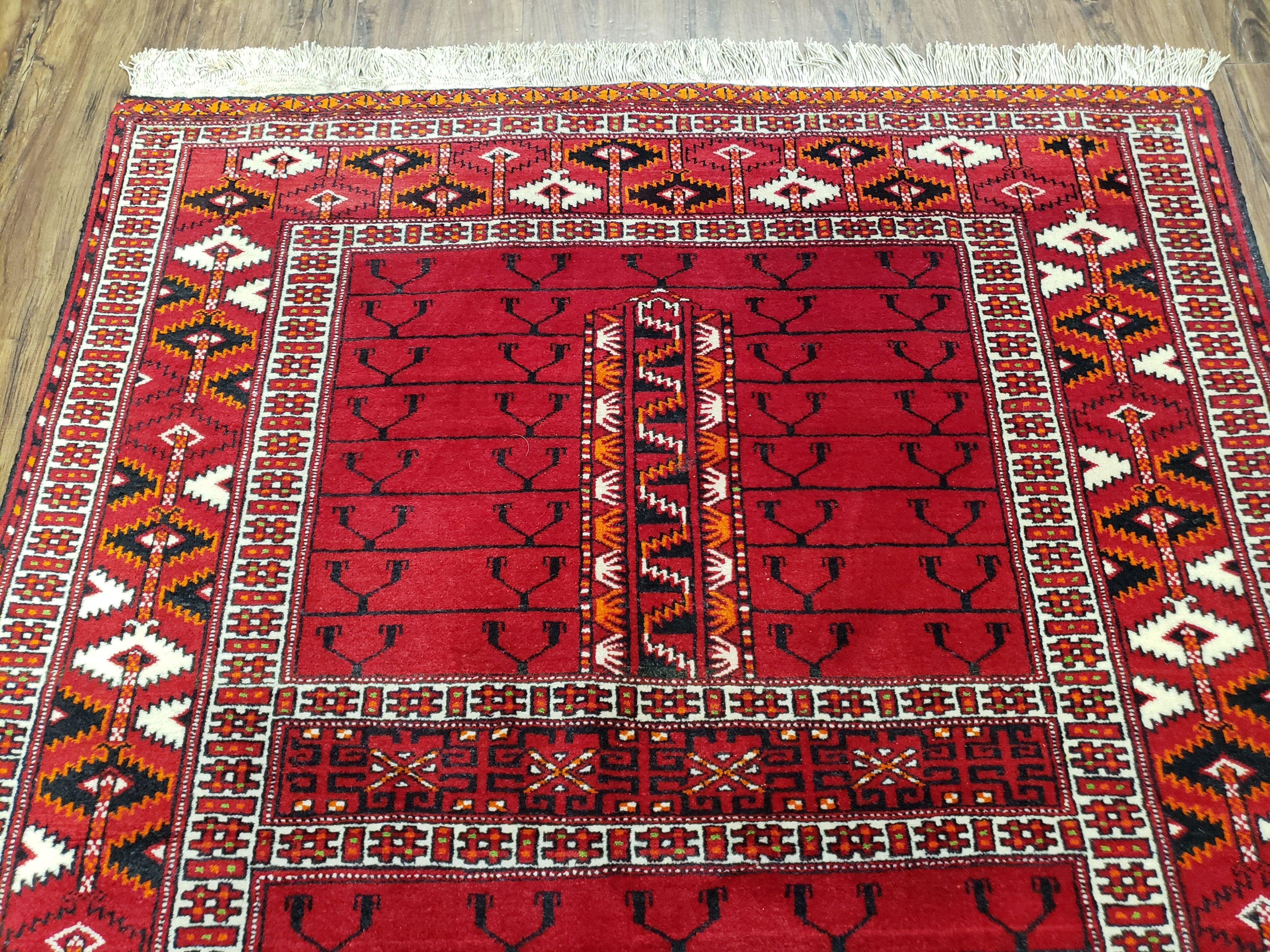 Antique Persian Turkoman Rug 4x5, Hatchli Tekkeh Ersari Red Tribal Rug, Handmade Wool Oriental Carpet, Four Seasons Rug