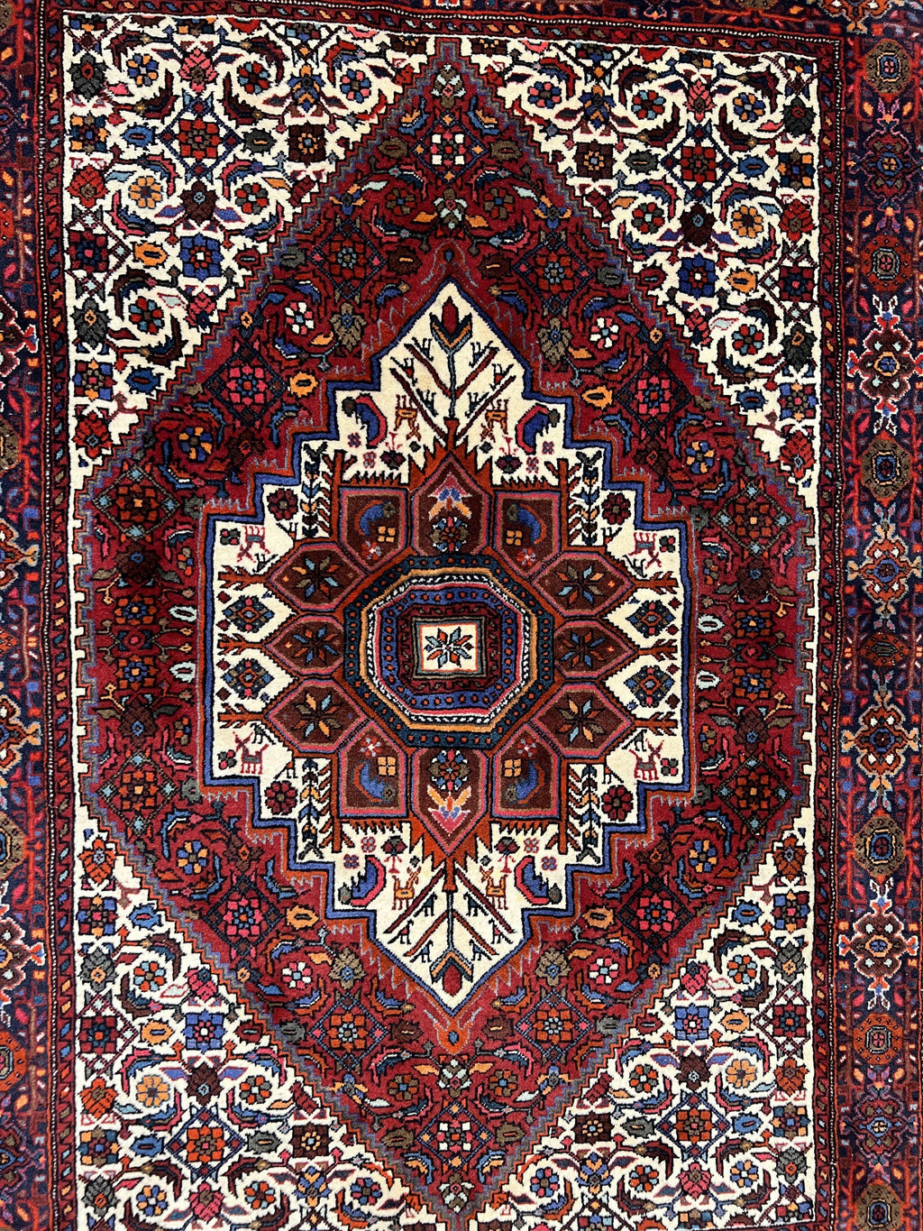Fine Persian Bidjar Rug 3x5, Geometric Medallion Oriental Bijar Carpet 3 x 5 ft, Ruby Red and Cream, Hand Knotted Wool Rug, Semi Antique Tribal Rug, Nice