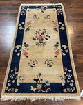 Antique Chinese Peking Rug 3x6, Beige and Dark Blue Hand Knotted Handmade Asian Oriental Carpet, Floral Vases, Vintage Wool Art Deco Rug