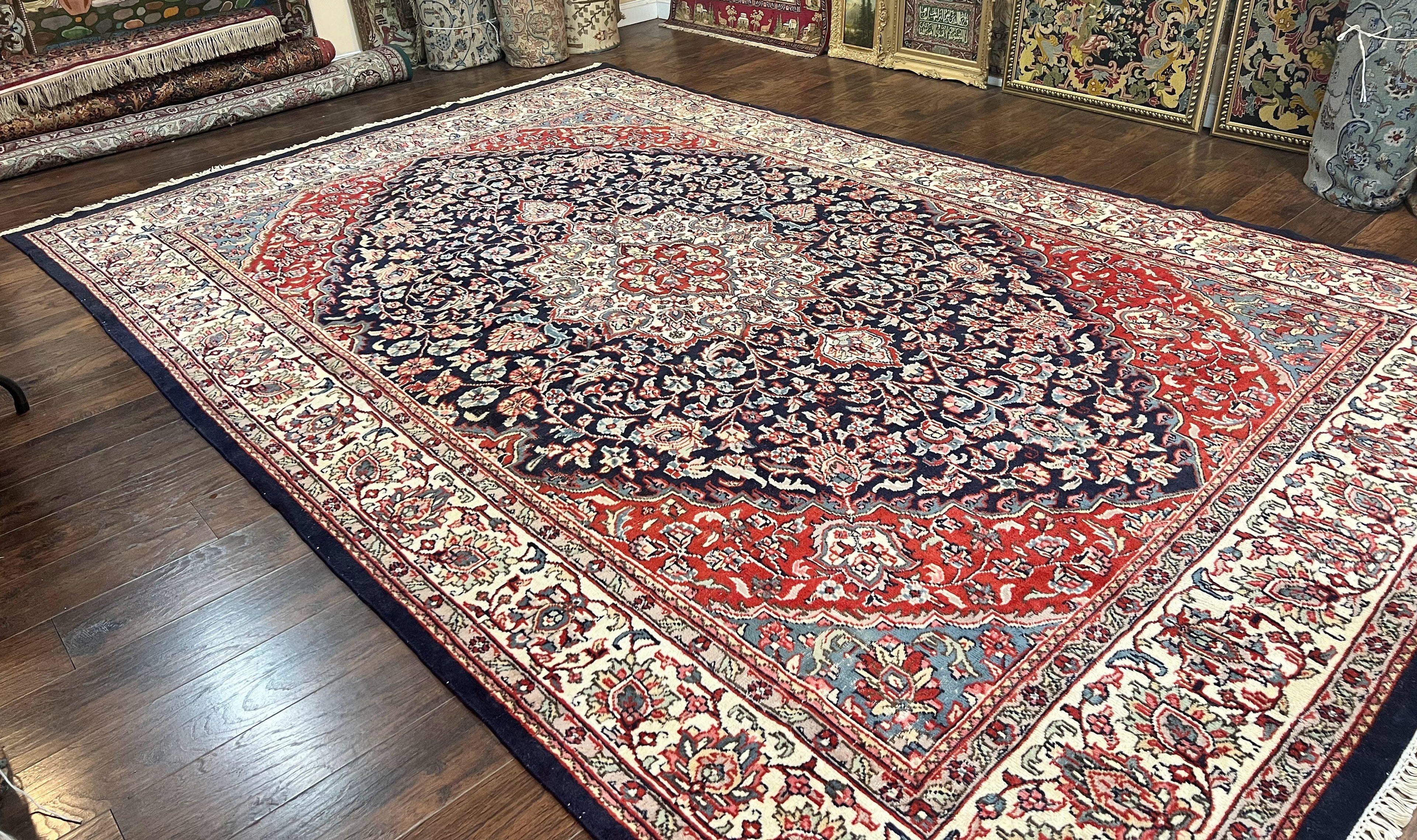 Indo Persian Rug 10x15, Floral Allover, Handmade Vintage Wool Carpet, Dark Blue Ivory Red, Palace Size Traditional Rug
