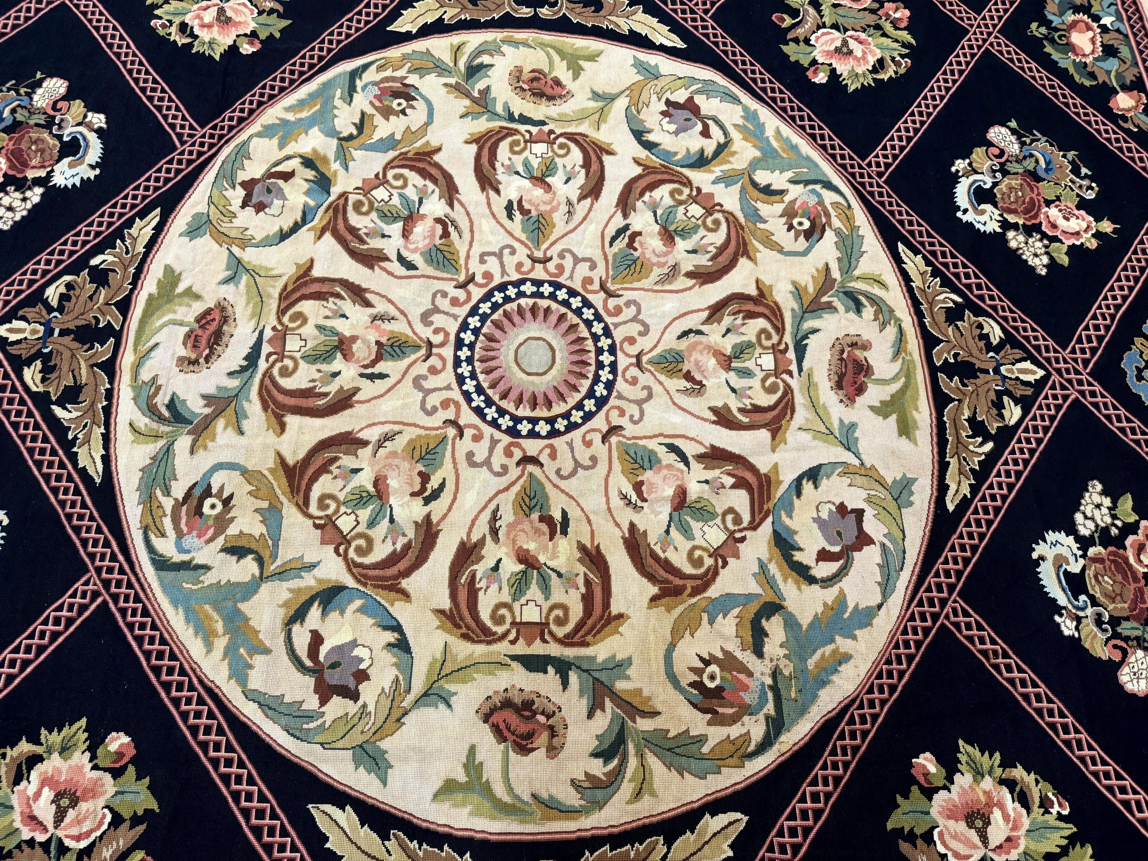 Palace Size Needlepoint Rug 12x20, European French English Aubusson Floral Design, Black and Beige