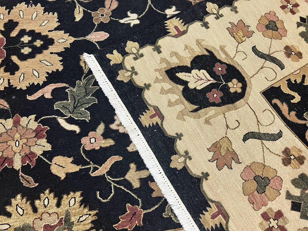 Indo Persian Rug 10x14, Wool Handmade Room Sized Floral Oriental Carpet, Indian Mahal Flatweave Rug, Black Beige