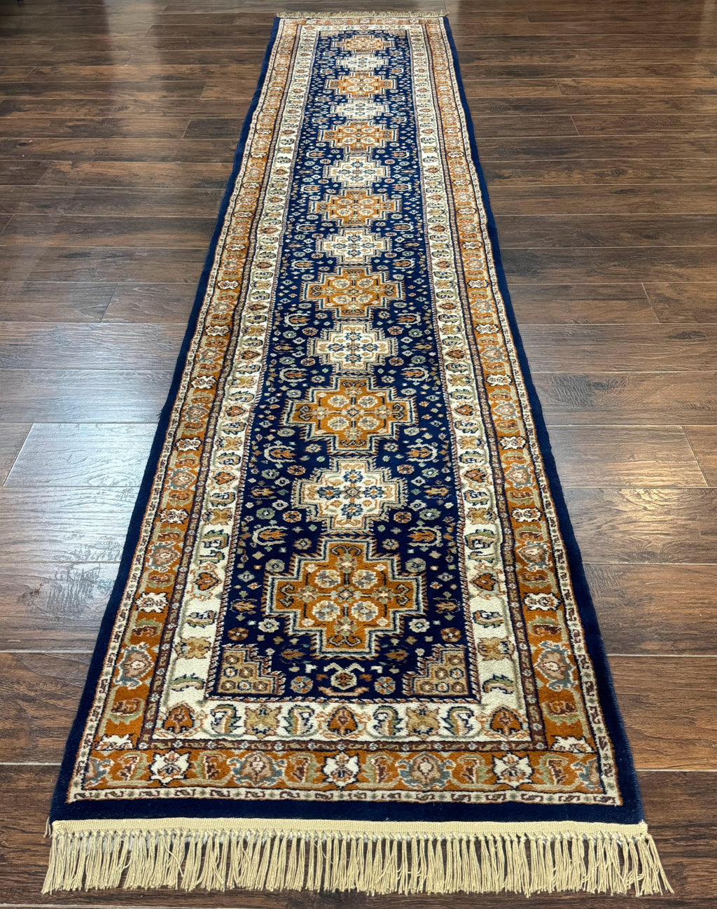 Indo Persian Runner Rug 2.6 x 12.7, Indian Kashmiri Runner for Hallway or Kitchen, Navy Blue, Geometric Medallions, Handmade Wool
