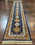 Indo Persian Runner Rug 2.6 x 12.7, Indian Kashmiri Runner for Hallway or Kitchen, Navy Blue, Geometric Medallions, Handmade Wool