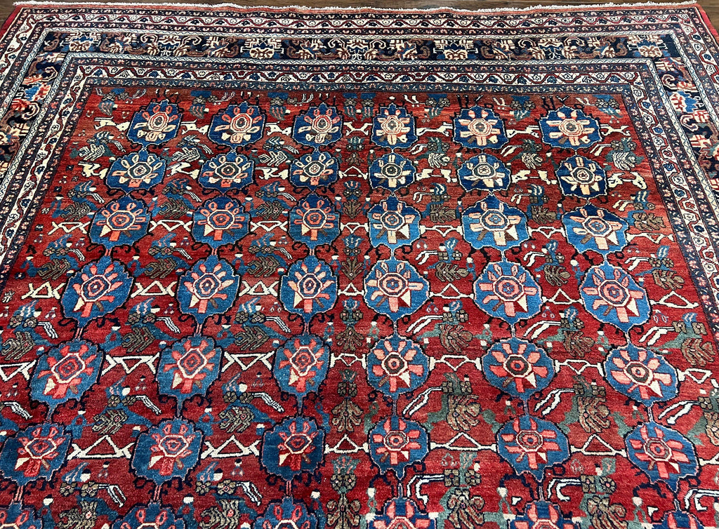 Antique Persian Bijar Rug 9x12 - Allover Motif, Red & Blue