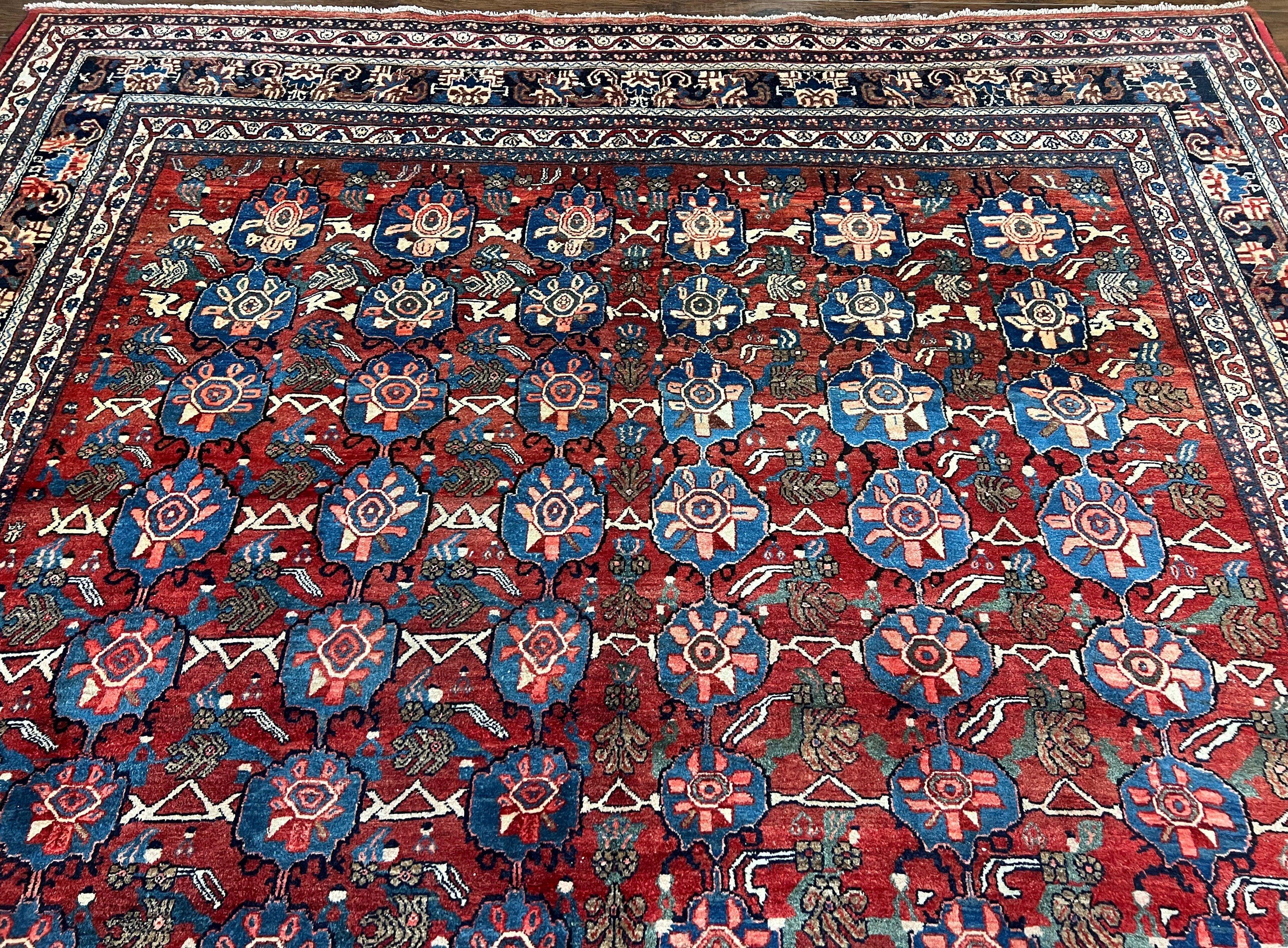 Antique Persian Bijar Rug 9x12 - Allover Motif, Red & Blue