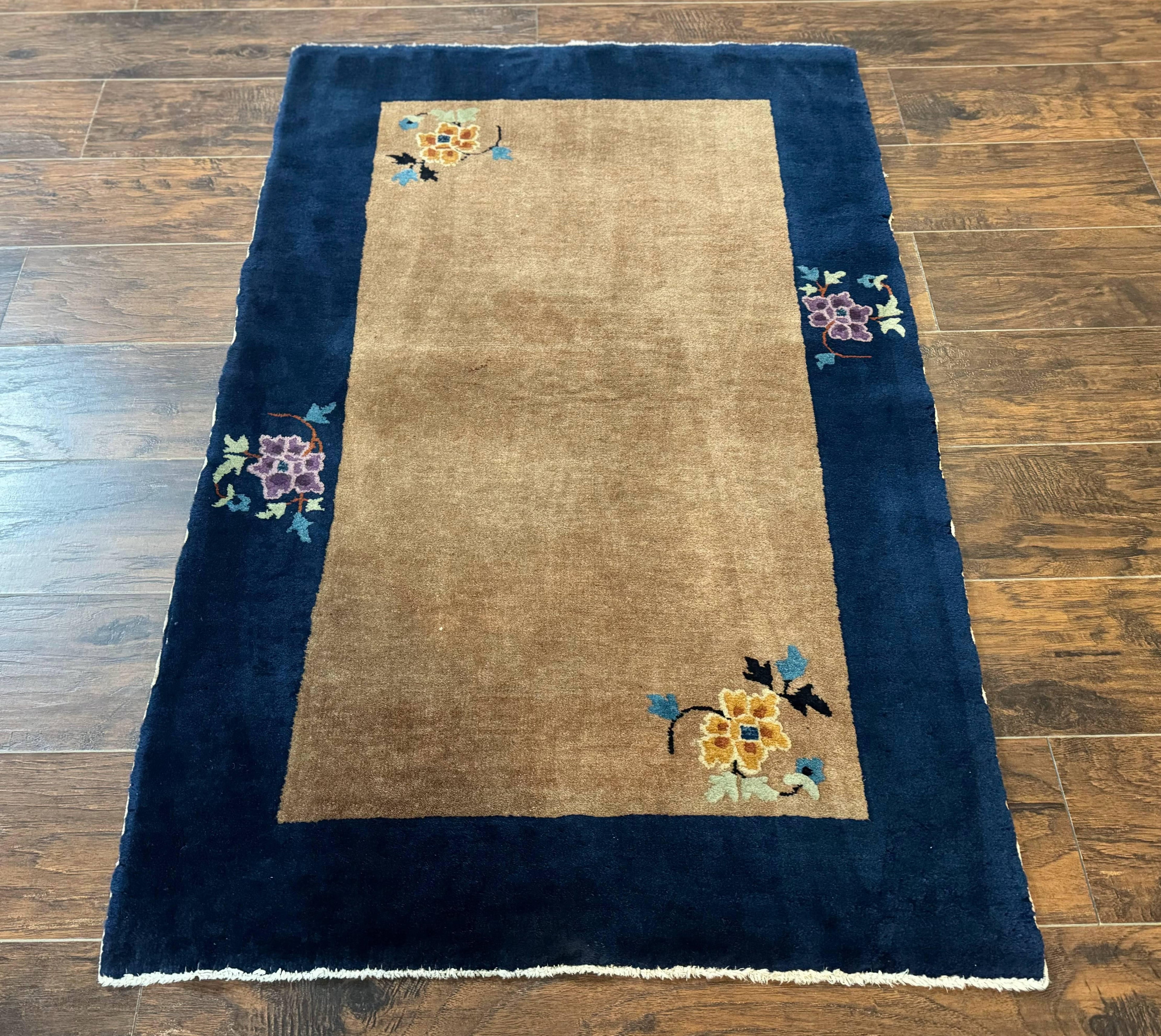 Chinese Rug 3x5, Antique Peking Art Deco Carpet, Simple Design