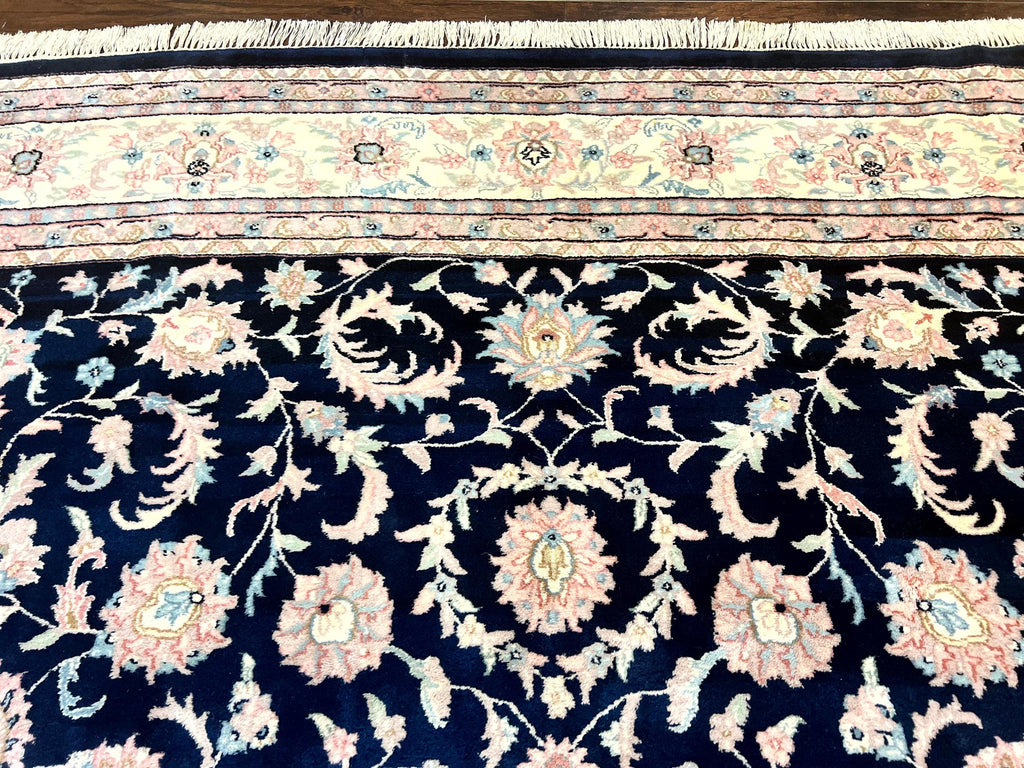 Indo Persian Rug 9x12, Navy Blue and Ivory/Cream, Floral Allover, Wool Vintage Handmade Carpet