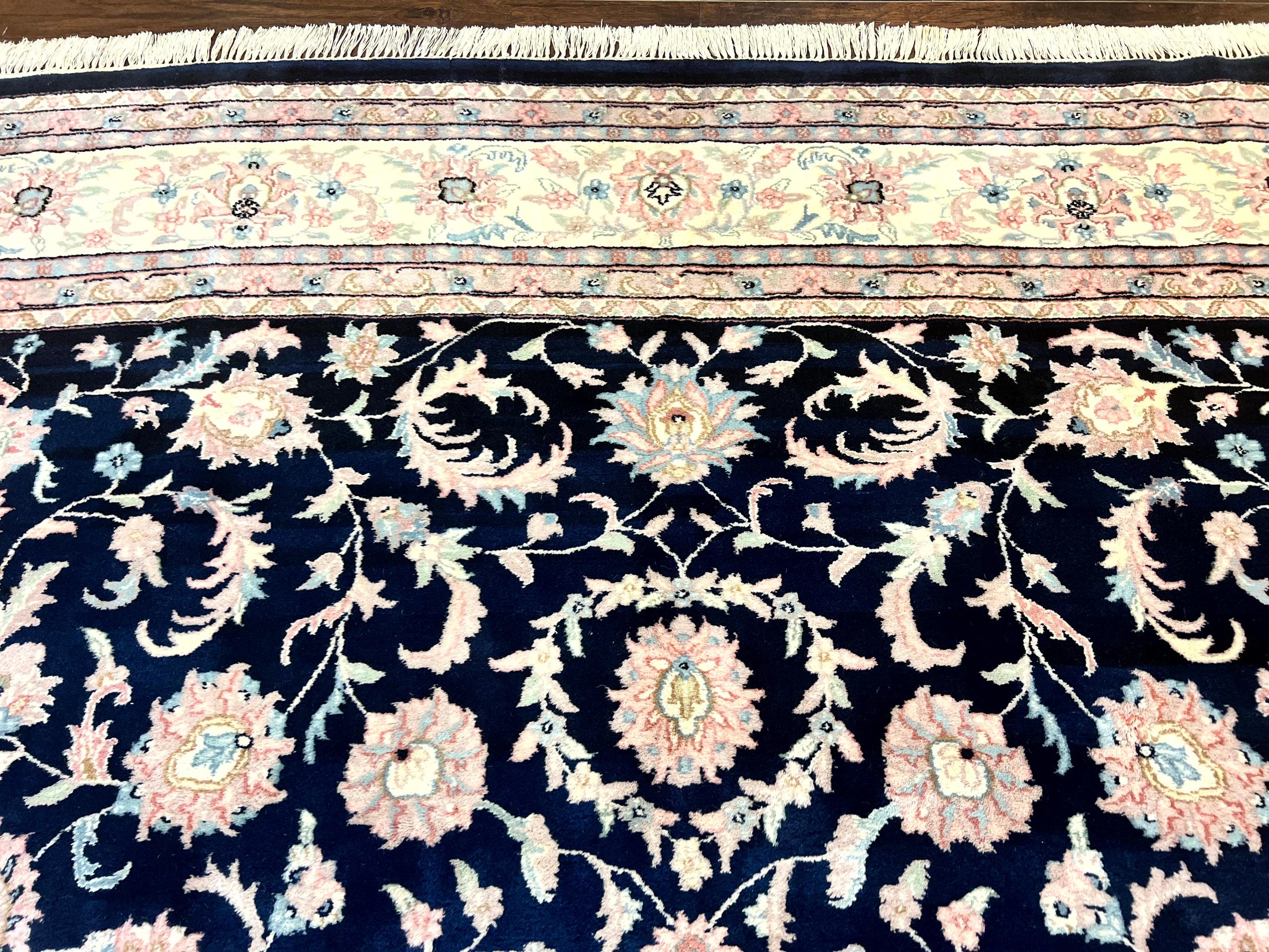 Indo Persian Rug 9x12, Navy Blue and Ivory/Cream, Floral Allover, Wool Vintage Handmade Carpet