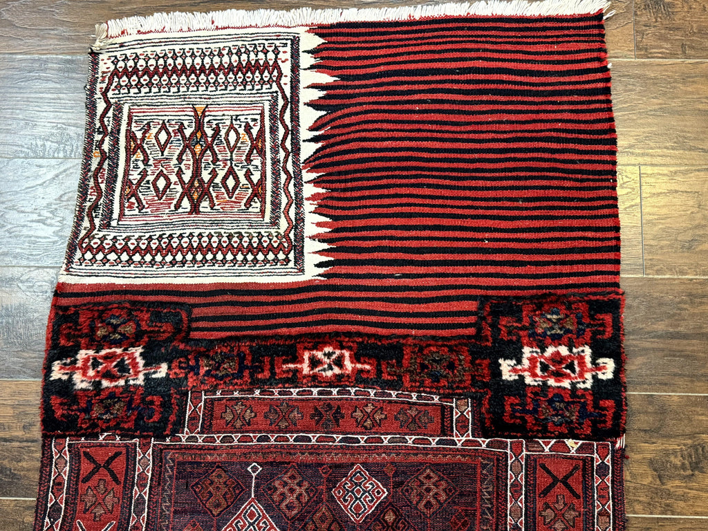 Persian Tribal Nomadic Saddle Cover Rug, Antique, Handmade, Wool, Red Ivory Black, Collectible, Shahsavan