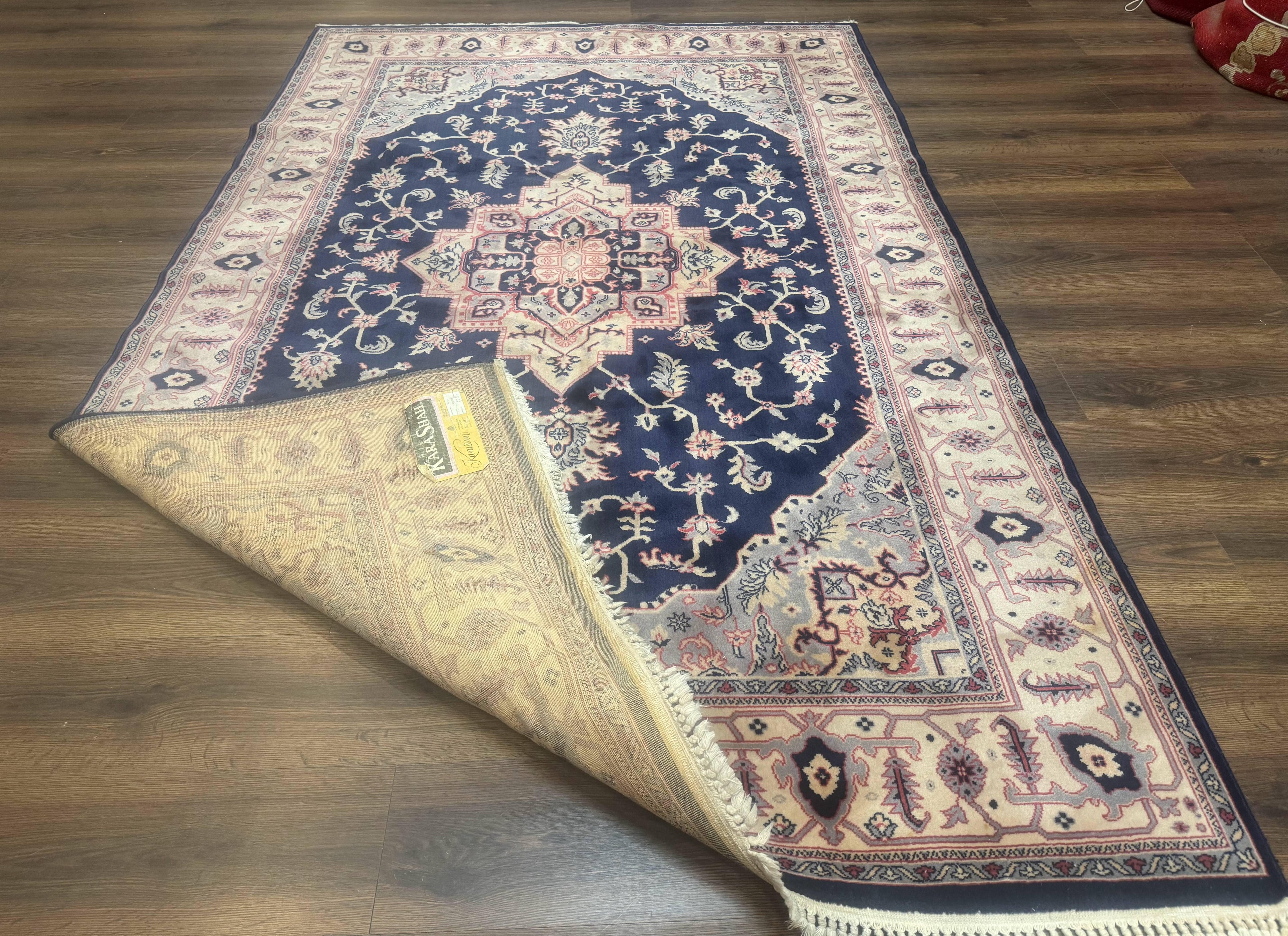 Karastan Rug Navy Serapi, Kara Shah Rug, Navy Blue, 5.6 x 8.6, Vintage Karastan Area Rug, Wool Pile Karastan Rug
