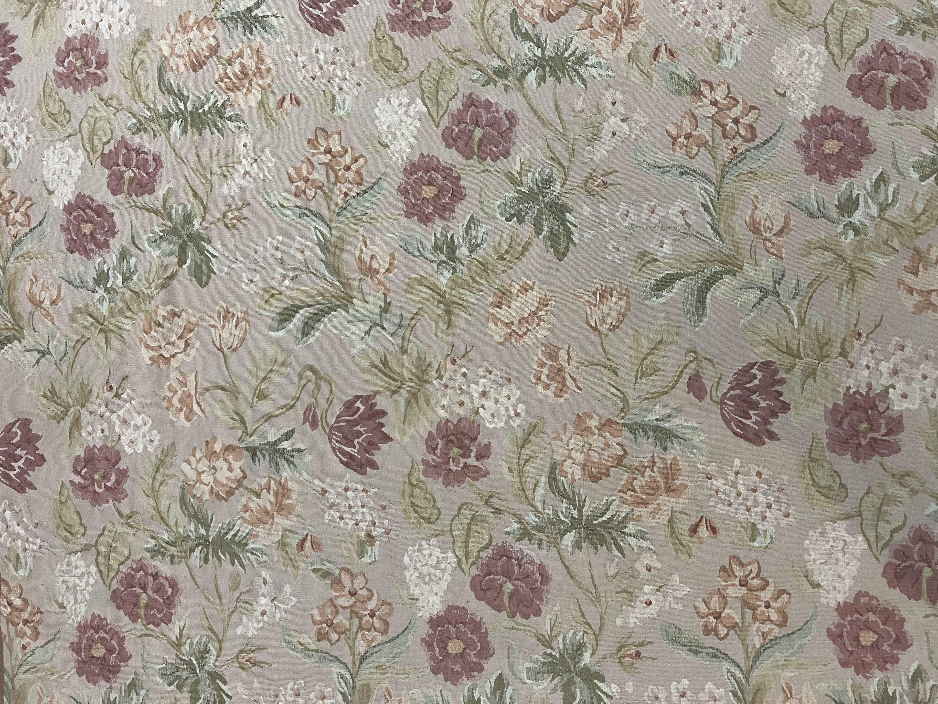 Aubusson Rug 9x12, Pink Beige Light Mauve, Handmade Allover Floral Roses, Wool Flatweave Carpet 9 x 12 ft, European French Design, Elegant