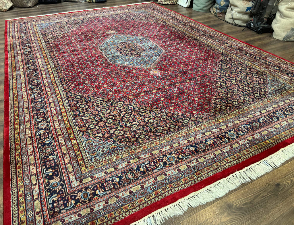 Indo Persian Bidjar Rug 10x14, Red and Dark Blue, Herati Mahi Pattern, Vintage