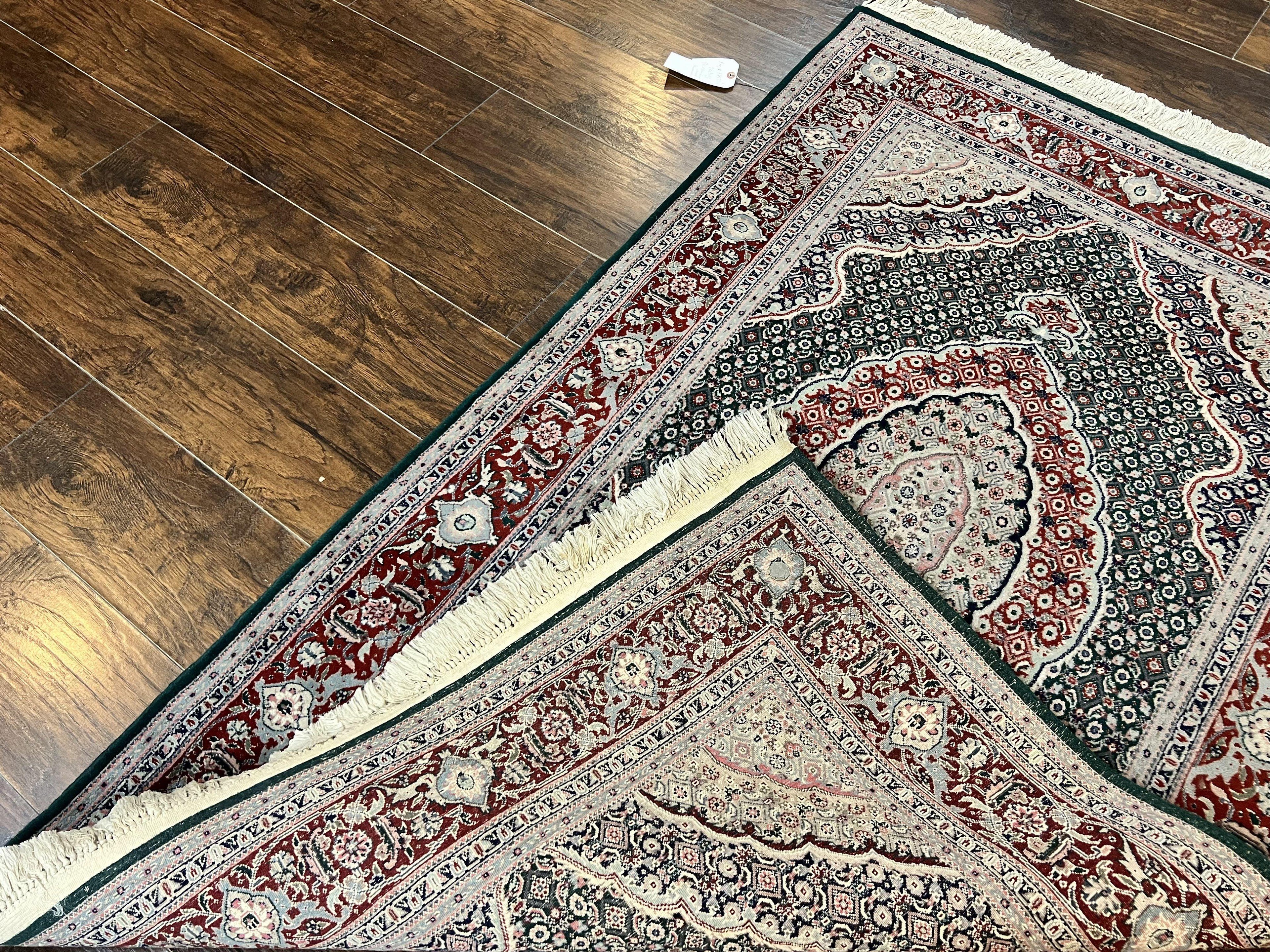 Sino Persian Rug 4x6, Wool with Silk Highlights, Fine Hand Knotted Carpet, Green & Maroon Red, Herati Medallion, Vintage Rug