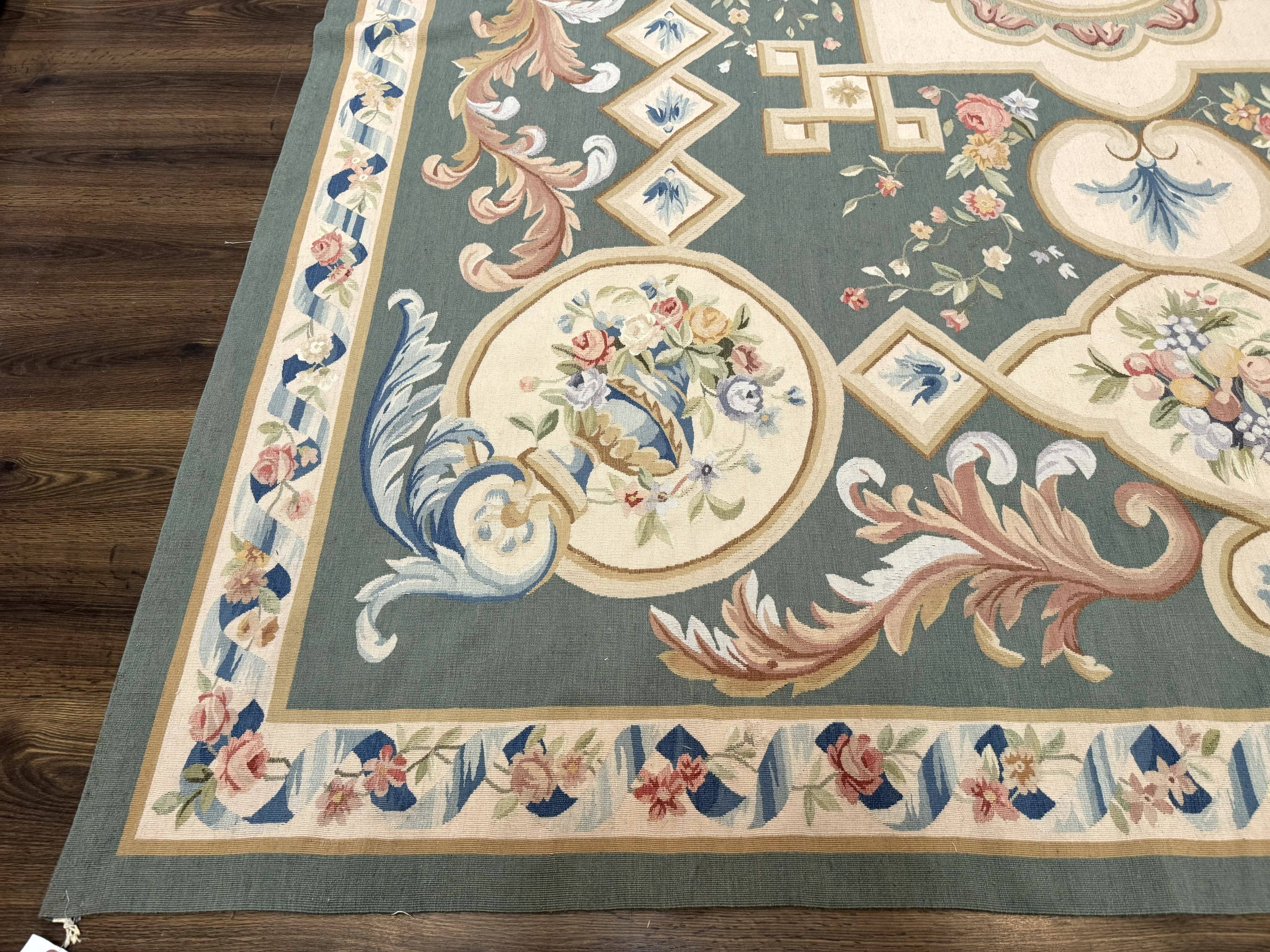 Aubusson Rug 9x12, Muted Sage Green and Cream, European Design