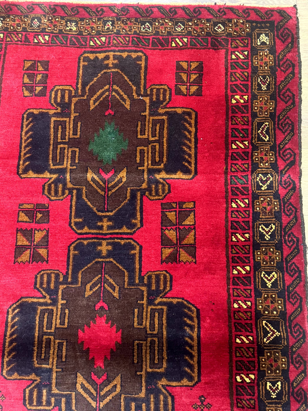 Red Afghan Balouch Rug 4x7, Triple Medallions, Handmade, New