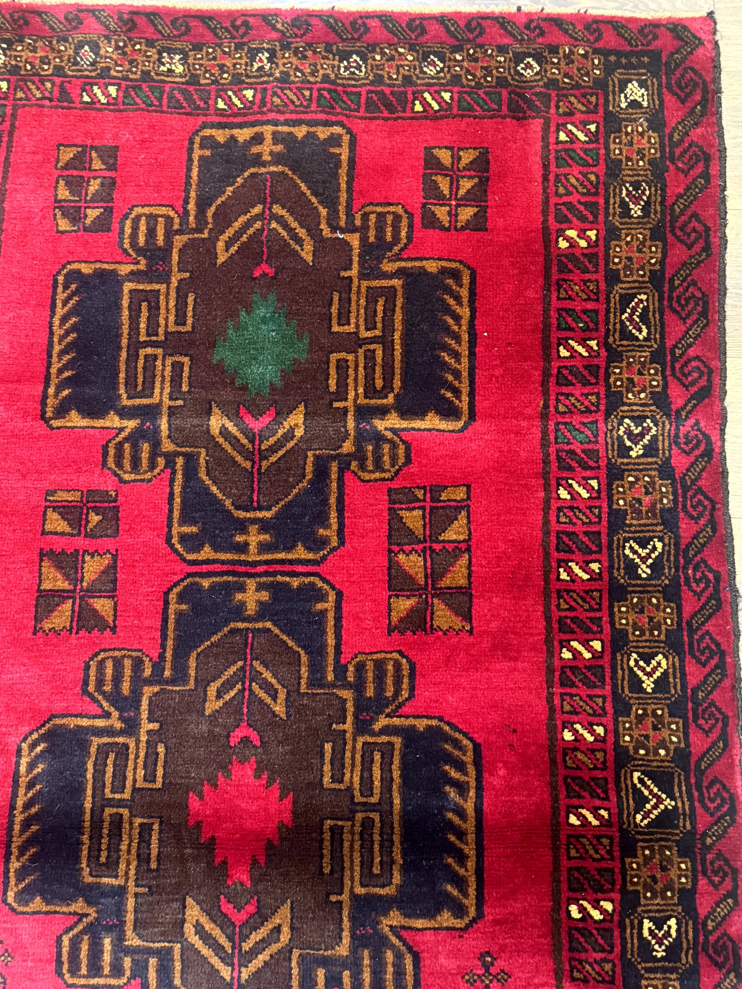 Red Afghan Balouch Rug 4x7, Triple Medallions, Handmade, New