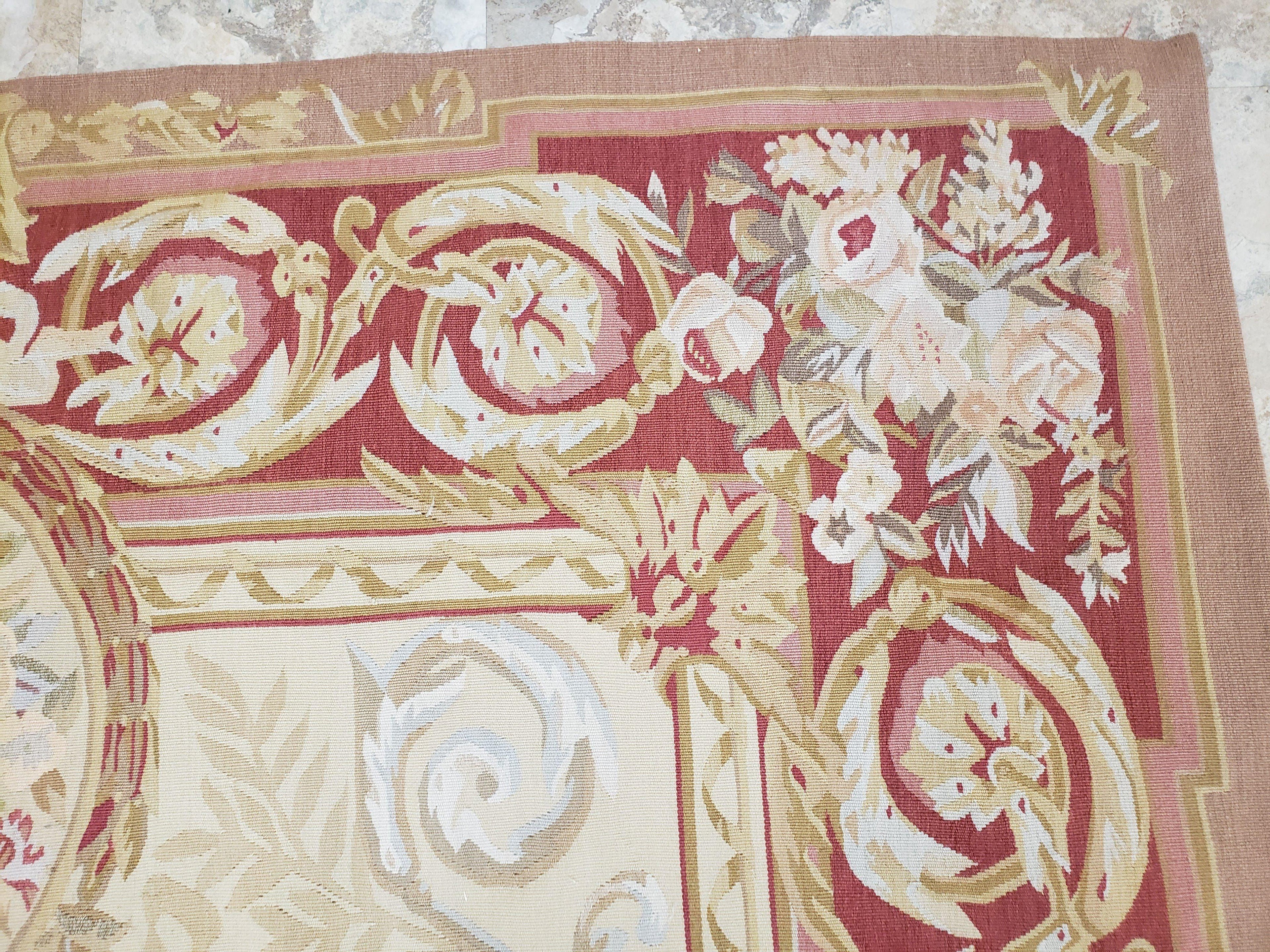 Aubusson Rug 6x9, Elegant Flatweave Rug, Aubusson Savonnerie 6 x 9 Flatweave Area Rug, Cream and Red, Wool Hand Woven Carpet, Medium Size