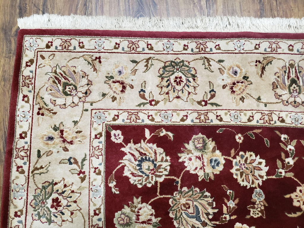 Vintage Traditional Oriental Area Rug, Hand-Knotted, Wool & Silk Accents, Maroon Red and Beige, 6x9 Carpet, 5' 9" x 9'