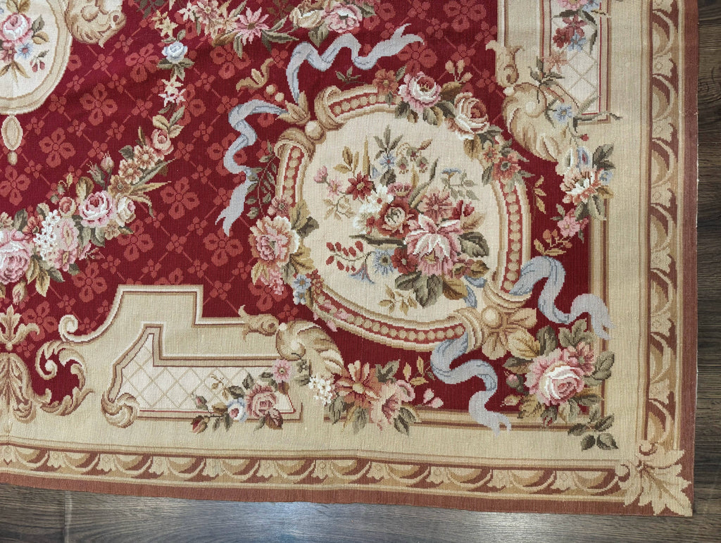 Aubusson Rug 8x11, Needlepoint Carpet, Red Ivory Beige, Vintage, French European Design