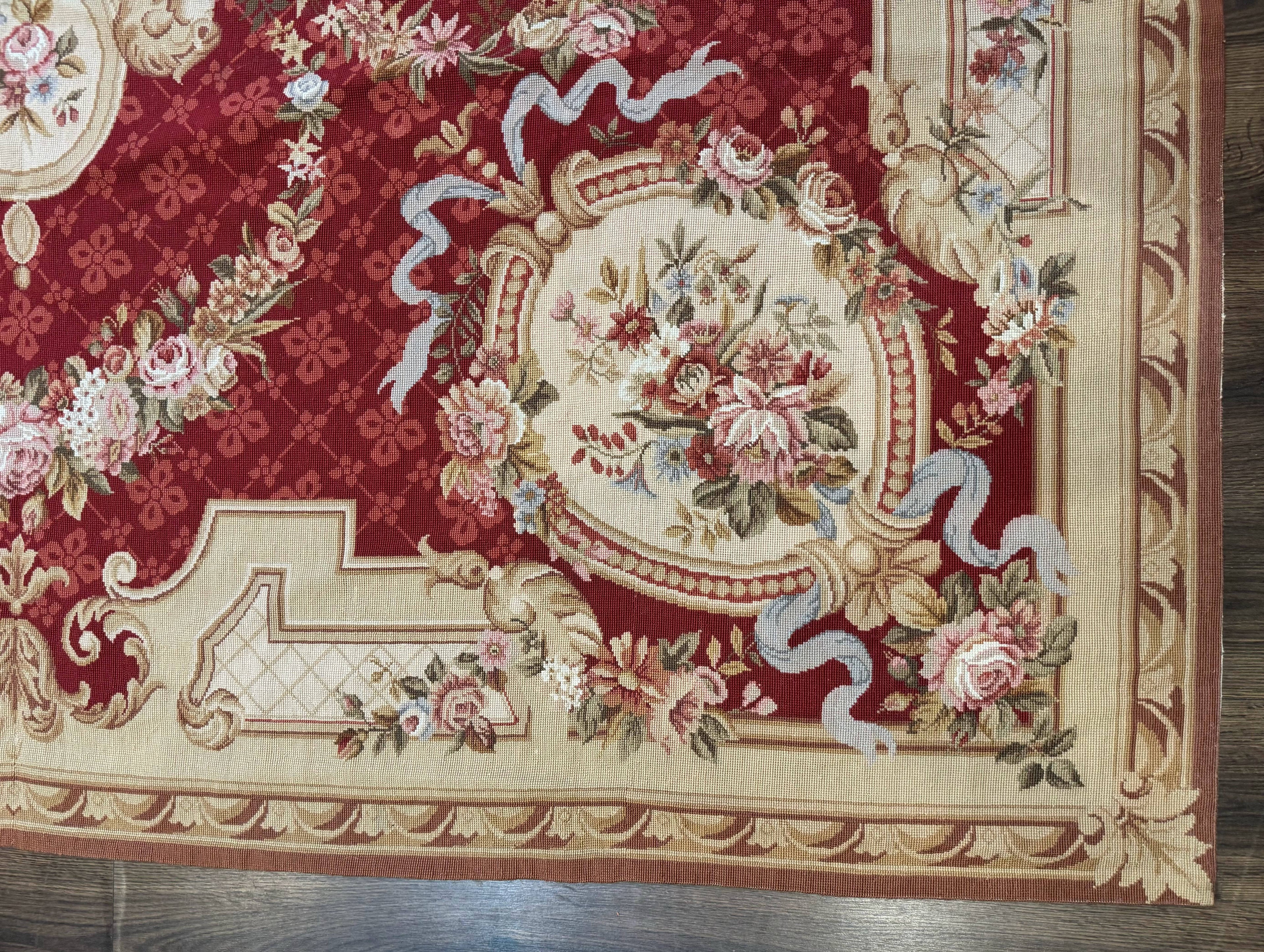 Aubusson Rug 8x11, Needlepoint Carpet, Red Ivory Beige, Vintage, French European Design
