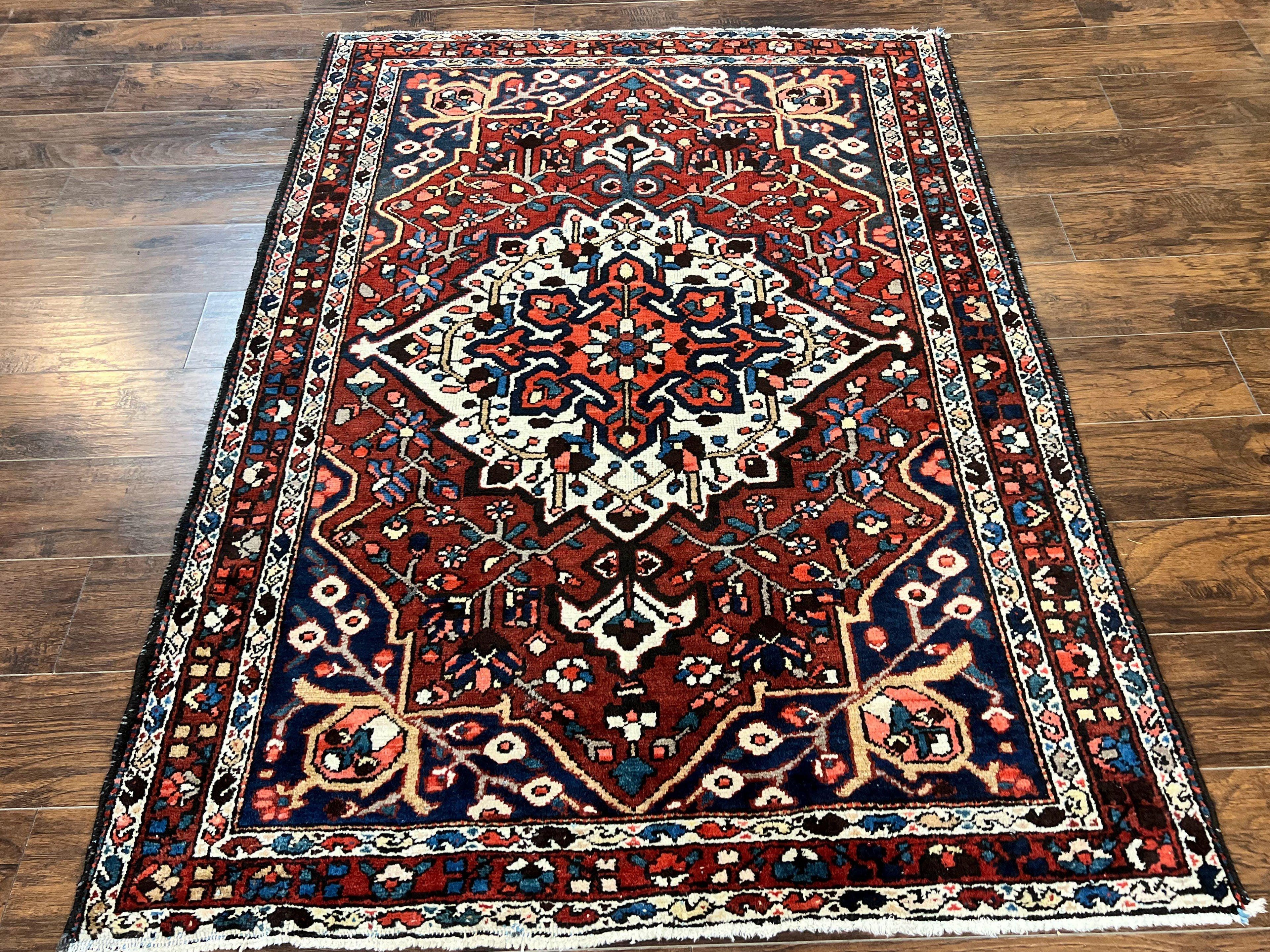 Persian Bakhtiari Rug 5 x 6.6, Tribal Geometric Carpet, Red Ivory, Handmade Wool Medium Sized Oriental Rug, Semi Antique Vintage