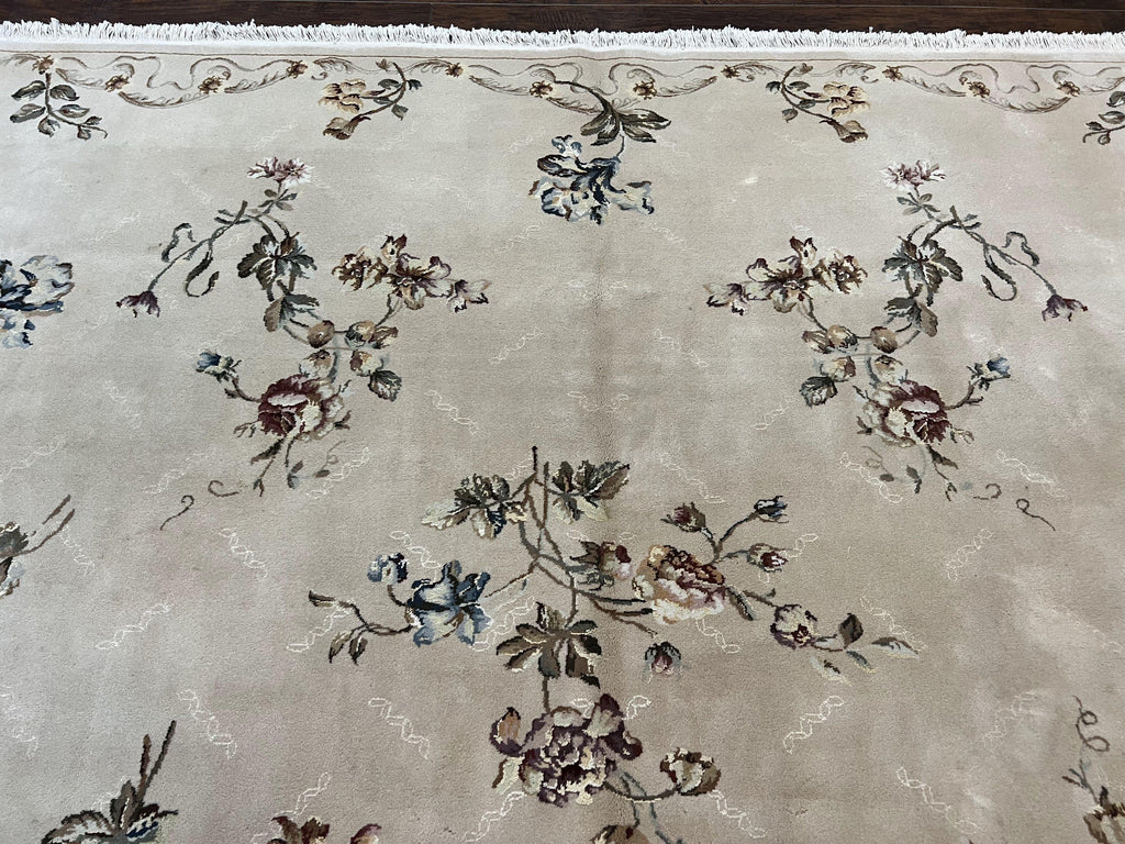 Chinese 120 Line Rug 8x10, Chinese Aubusson Wool & Silk Highlights Handmade Vintage Carpet, Beige Fine Weave Rug, Floral European Design