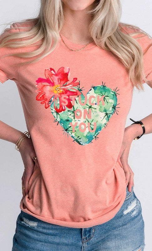 Blooming Cactus Stuck on You Valentine Graphic Tee T-Shirt