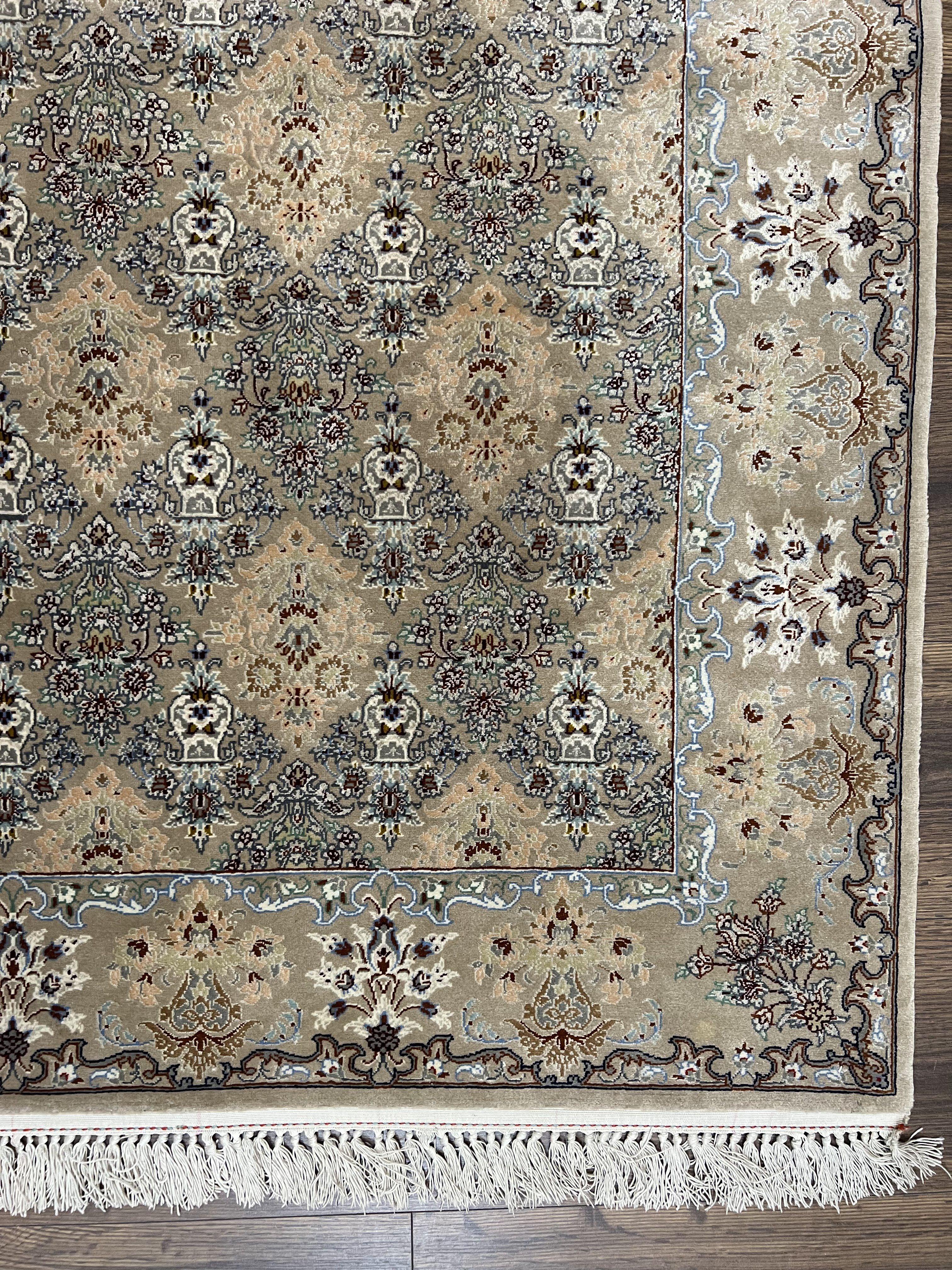 Super Fine Persian Isfahan Rug 3x5 ft, Kork Wool on Silk Foundation, Repeated Floral Motif, Taupe Tan Hand Knotted Oriental Carpet 3 x 5 ft, Signed