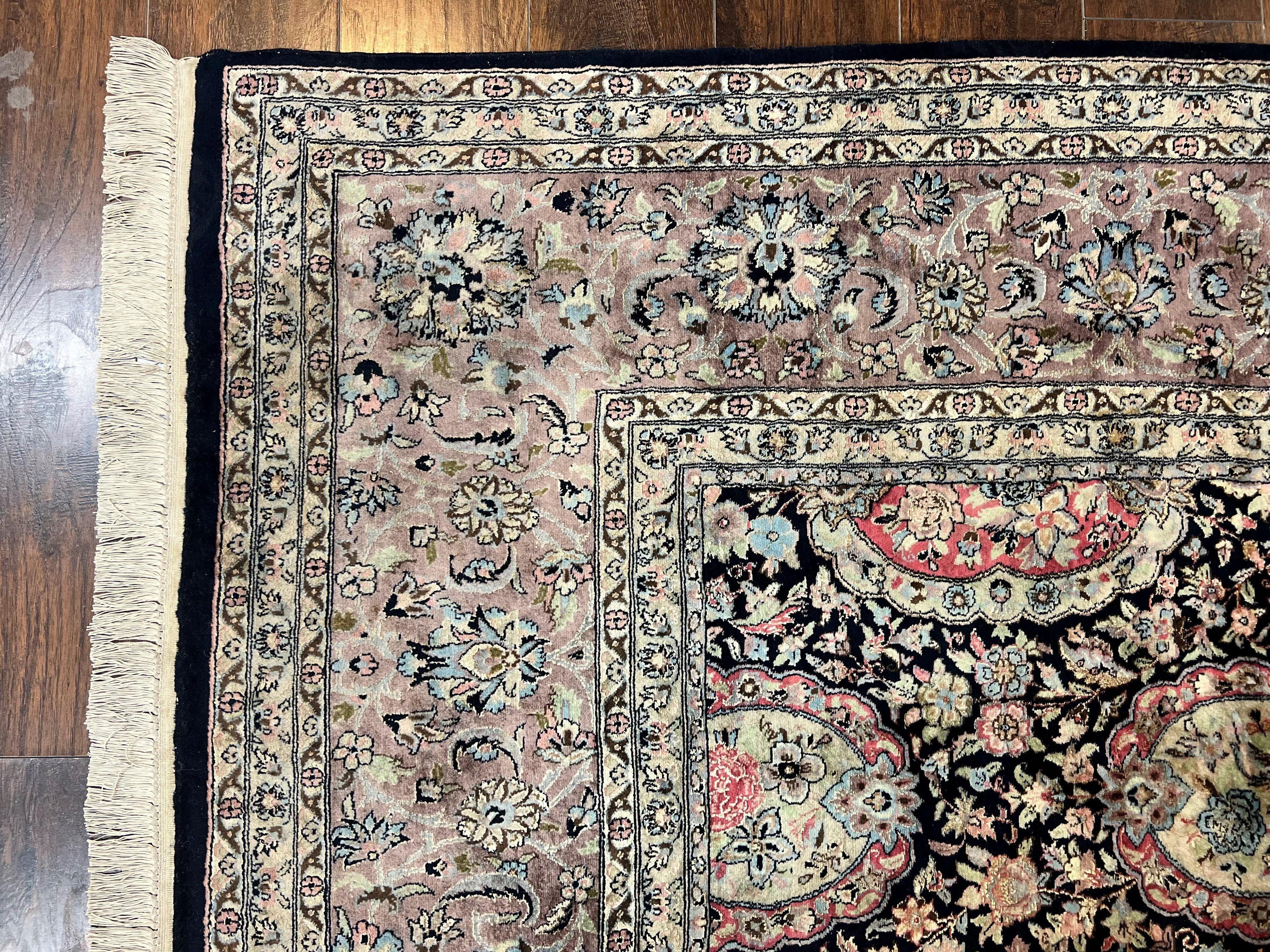 Sino Persian Rug 9x12, Navy Blue and Pink Hand Knotted Wool and Silk Highlights Vintage Oriental Carpet, Handmade Floral Area Rug 9 x 12 ft